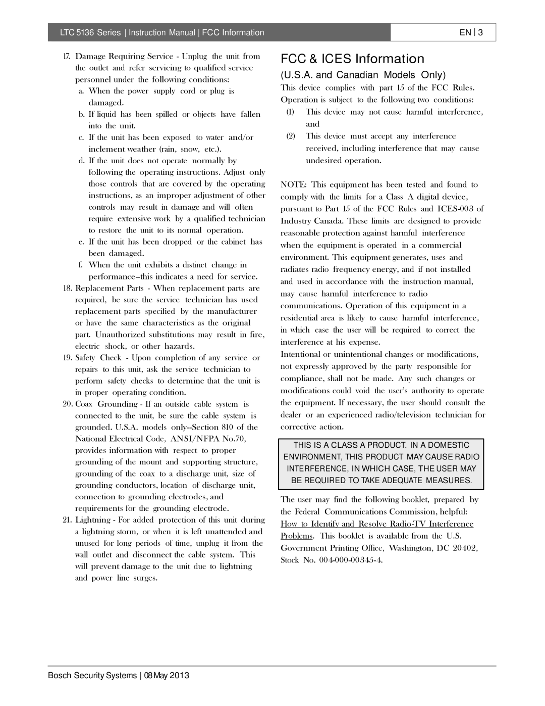 Bosch Appliances LTC 5136 installation instructions FCC & Ices Information 