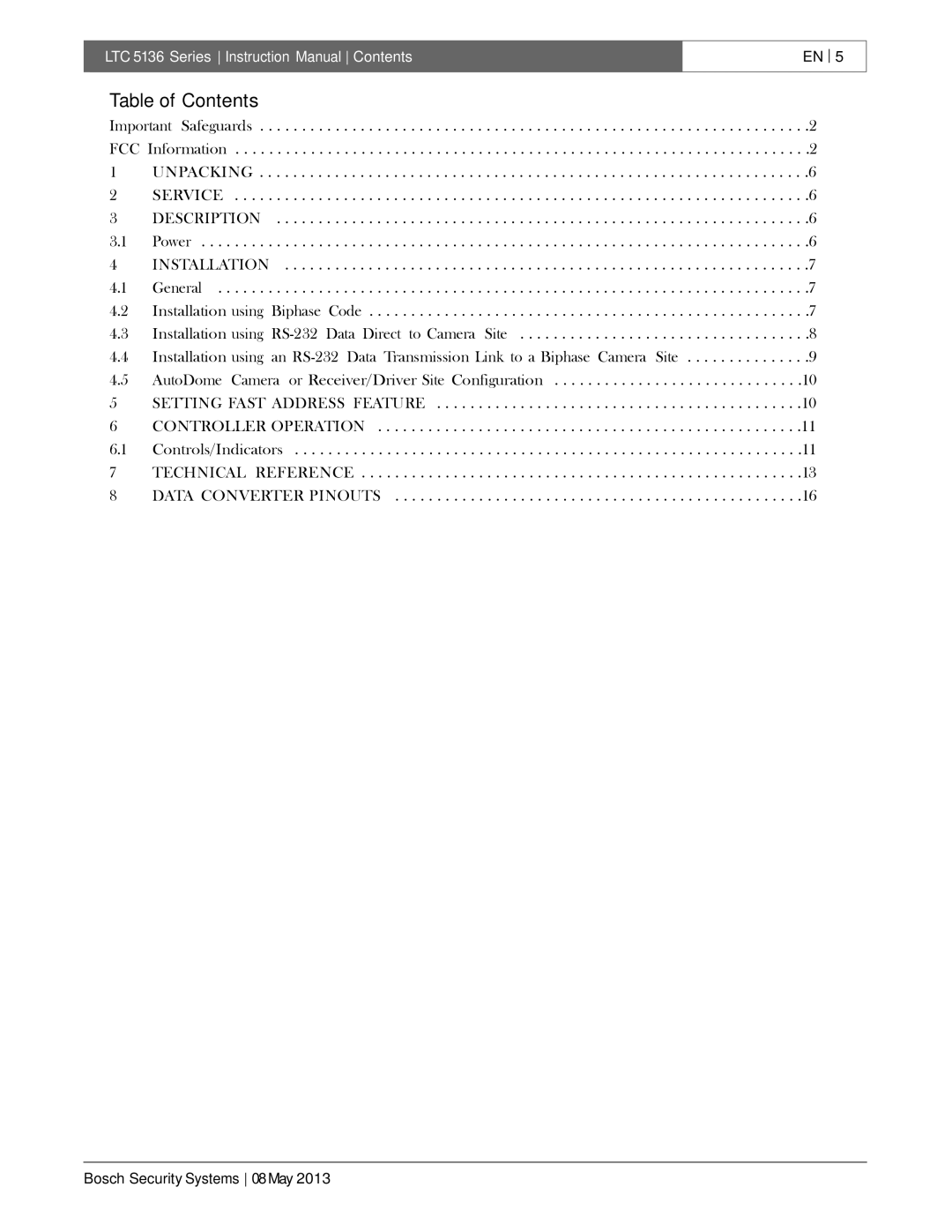 Bosch Appliances LTC 5136 installation instructions Table of Contents 