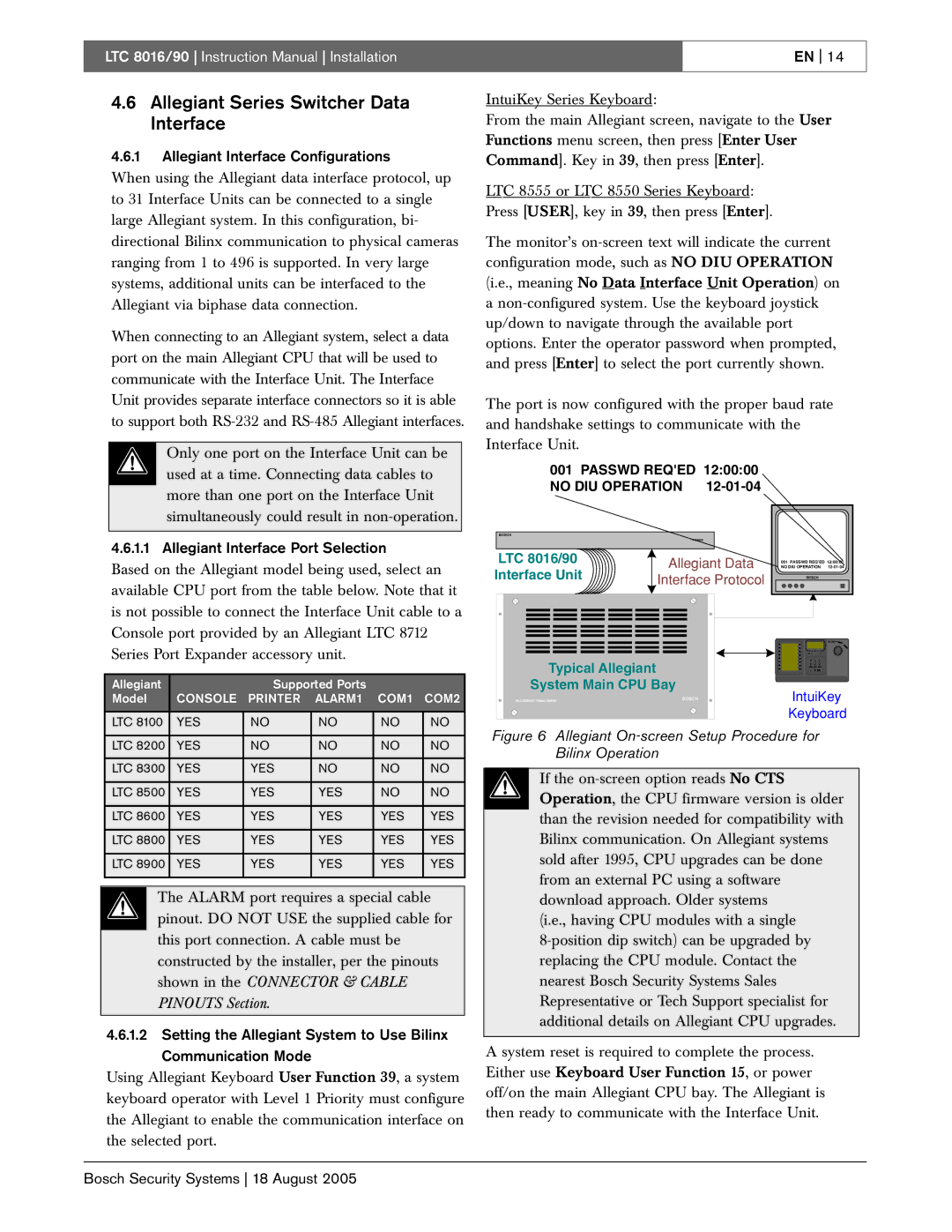 Bosch Appliances LTC 8016/90 instruction manual Allegiant Series Switcher Data Interface, Allegiant Supported Ports Model 