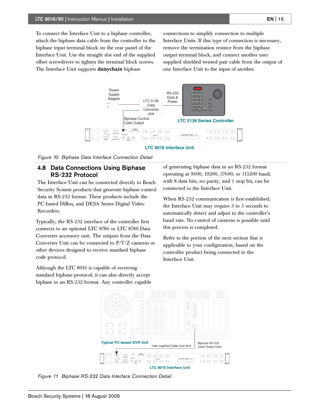 Bosch Appliances LTC 8016/90 instruction manual Data Connections Using Biphase RS-232 Protocol, Typical PC-based DVR Unit 