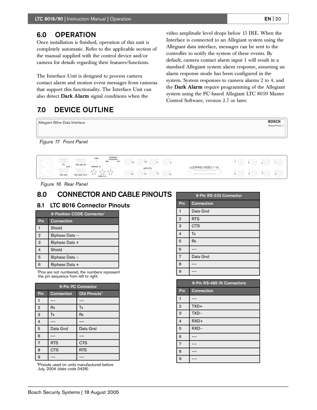 Bosch Appliances LTC 8016/90 instruction manual Operation, Device Outline, LTC 8016 Connector Pinouts 