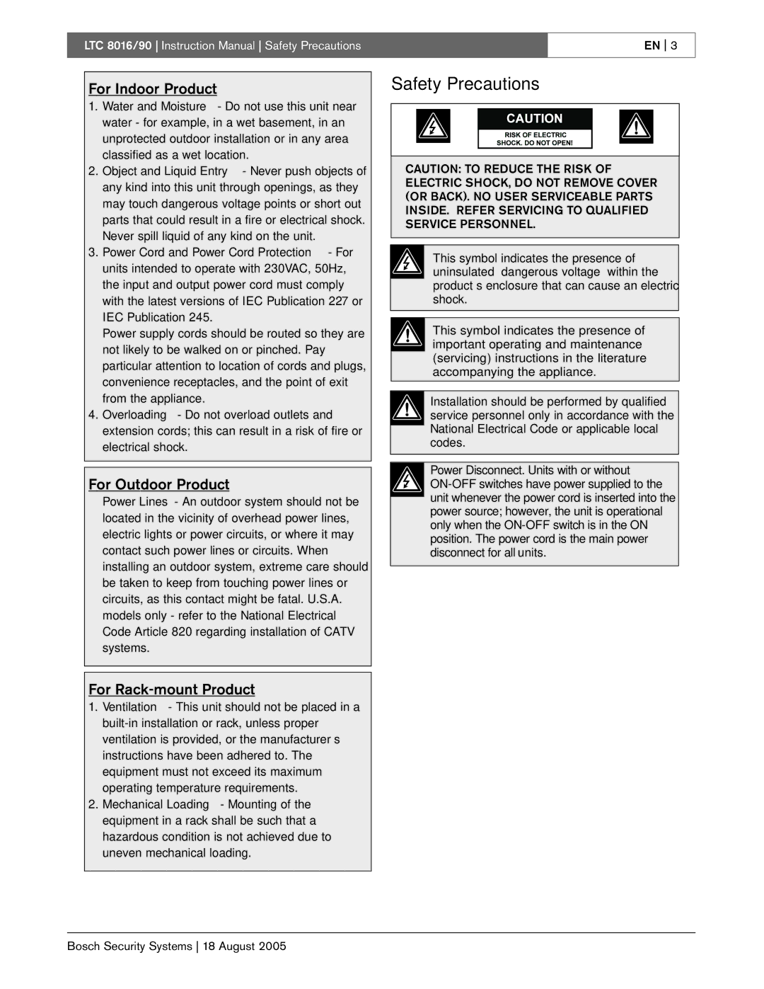 Bosch Appliances LTC 8016/90 instruction manual For Indoor Product, For Outdoor Product, For Rack-mount Product 