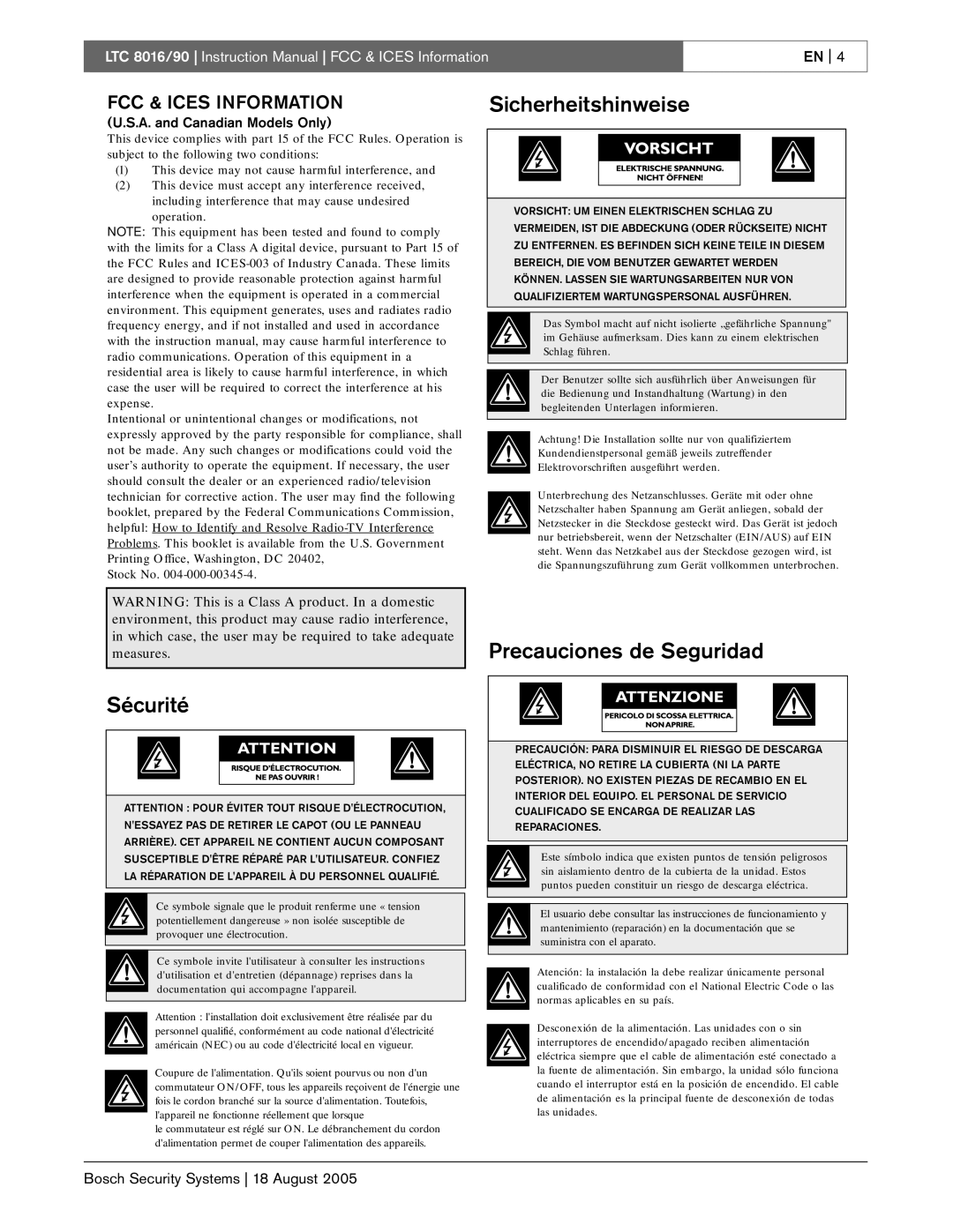 Bosch Appliances LTC 8016/90 instruction manual Sicherheitshinweise, Sécurité, Precauciones de Seguridad 