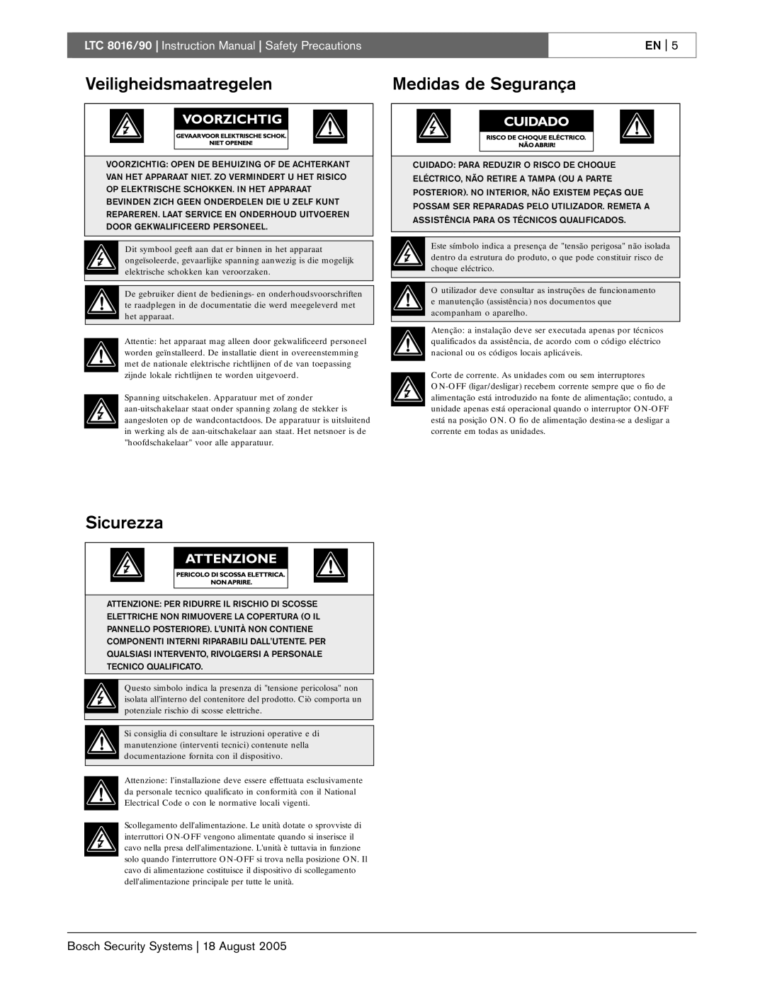 Bosch Appliances LTC 8016/90 instruction manual Veiligheidsmaatregelen Medidas de Segurança, Sicurezza 