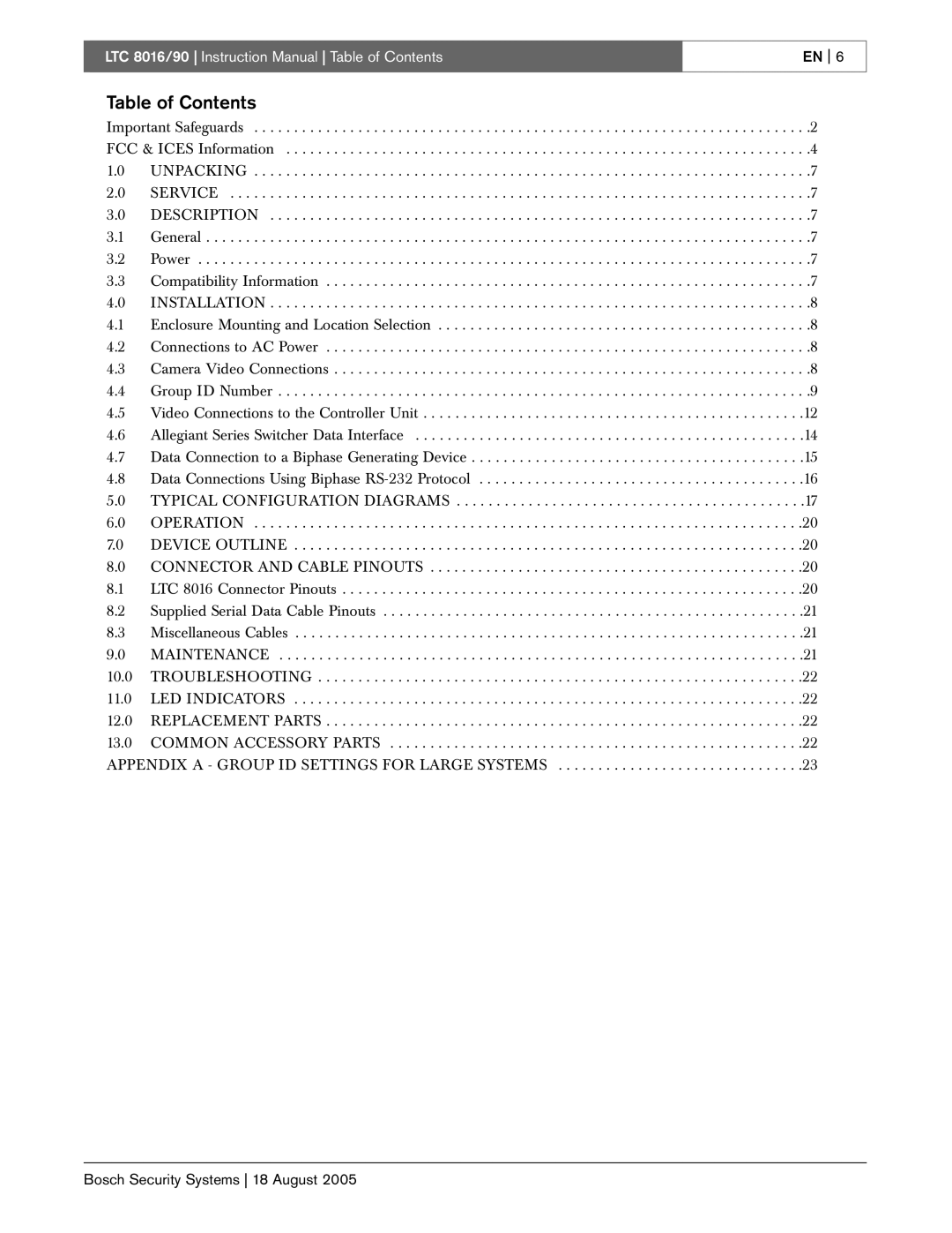 Bosch Appliances LTC 8016/90 instruction manual Table of Contents 