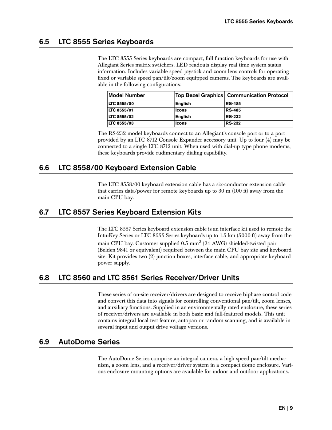 Bosch Appliances 8500 instruction manual LTC 8555 Series Keyboards, LTC 8558/00 Keyboard Extension Cable, AutoDome Series 