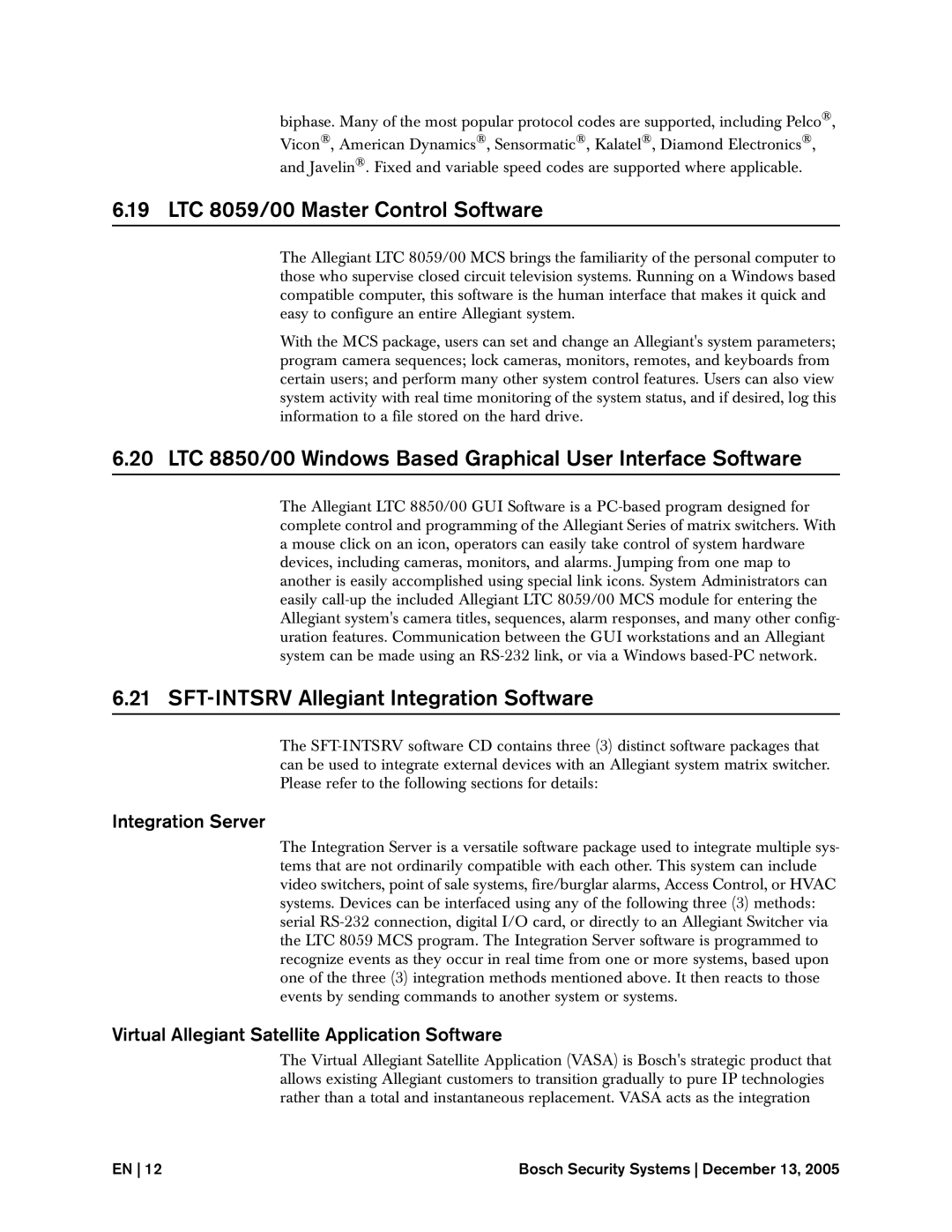 Bosch Appliances 8500 LTC 8059/00 Master Control Software, LTC 8850/00 Windows Based Graphical User Interface Software 