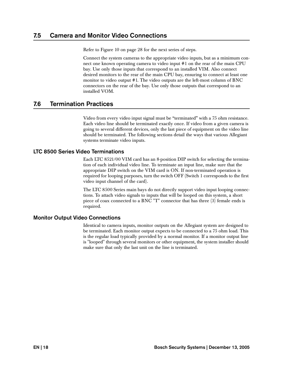 Bosch Appliances Camera and Monitor Video Connections, Termination Practices, LTC 8500 Series Video Terminations 