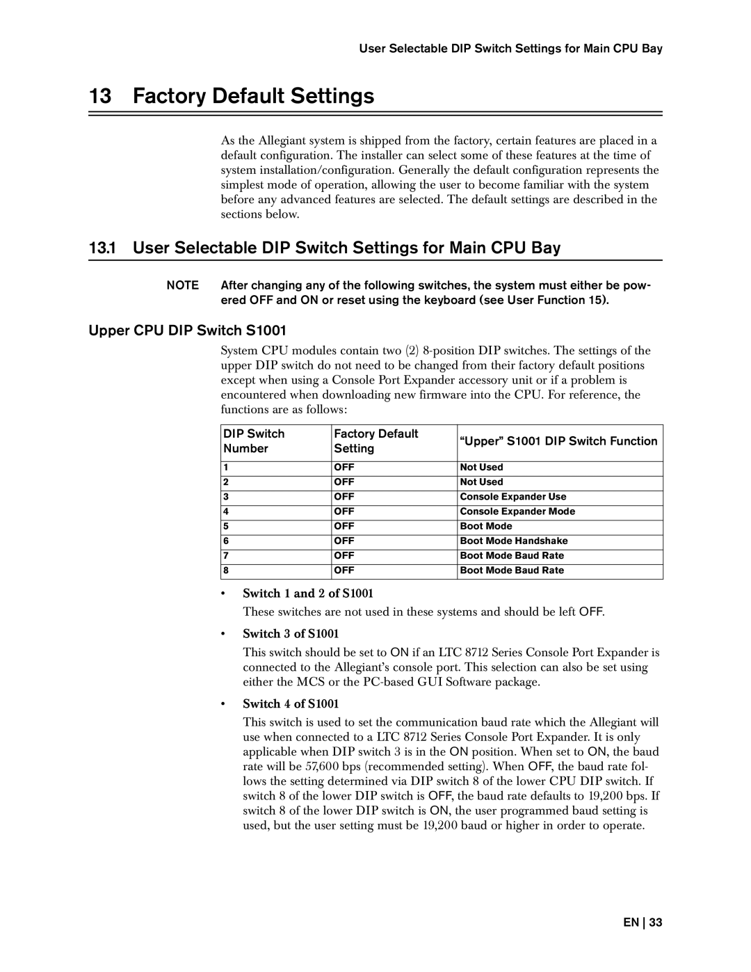 Bosch Appliances 8500, LTC instruction manual Factory Default Settings, User Selectable DIP Switch Settings for Main CPU Bay 