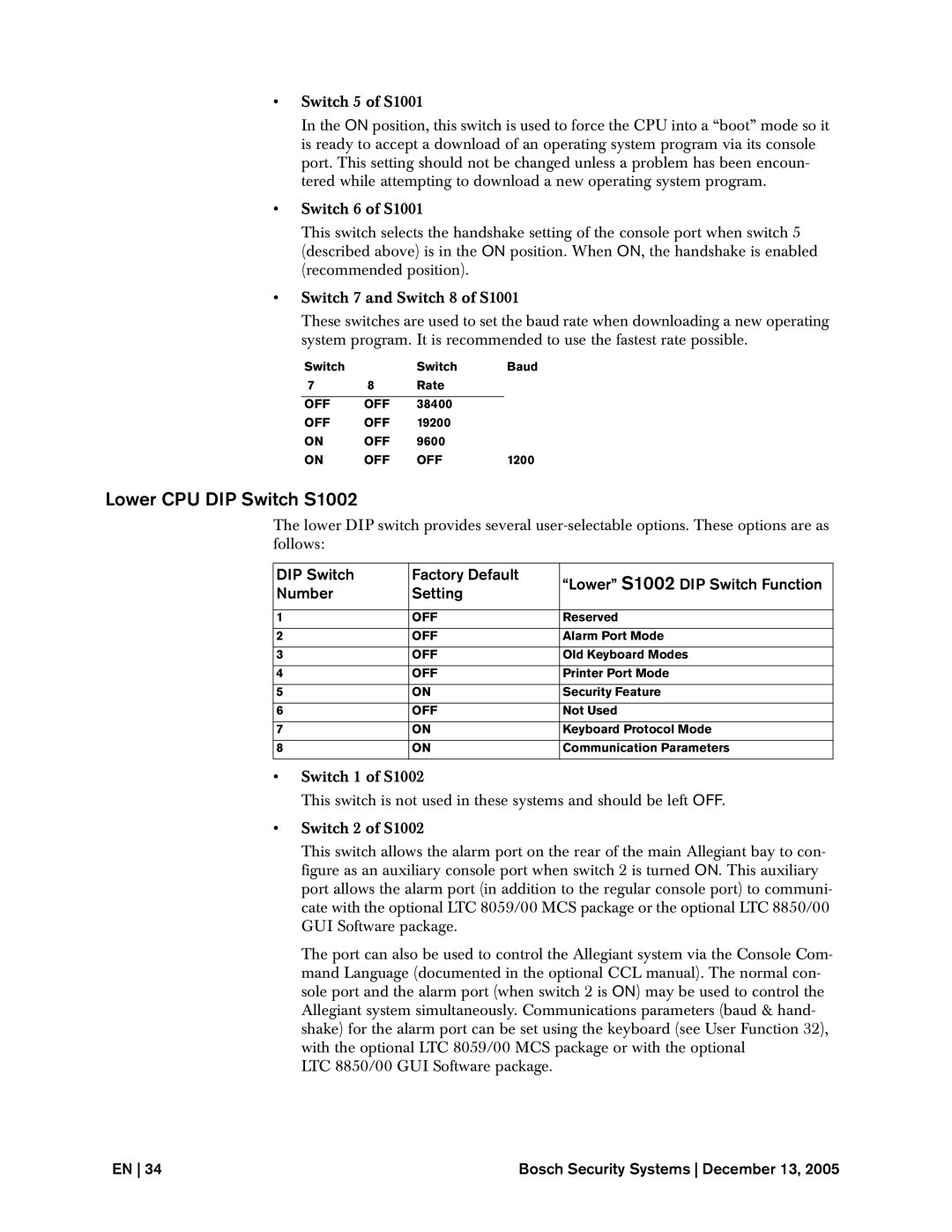 Bosch Appliances LTC, 8500 instruction manual Lower CPU DIP Switch S1002 