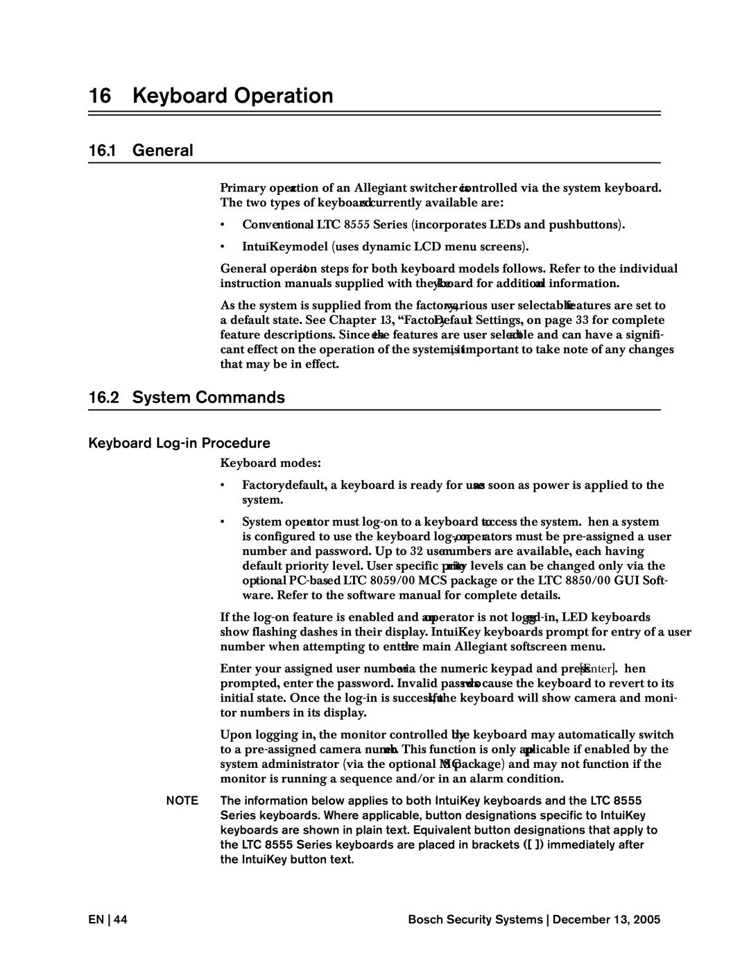 Bosch Appliances LTC, 8500 Keyboard Operation, System Commands, Keyboard Log-in Procedure, IntuiKey button text 