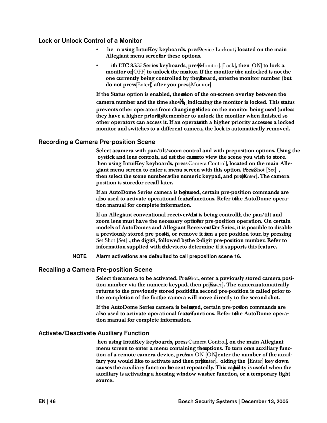 Bosch Appliances LTC, 8500 instruction manual Lock or Unlock Control of a Monitor, Recording a Camera Pre-position Scene 