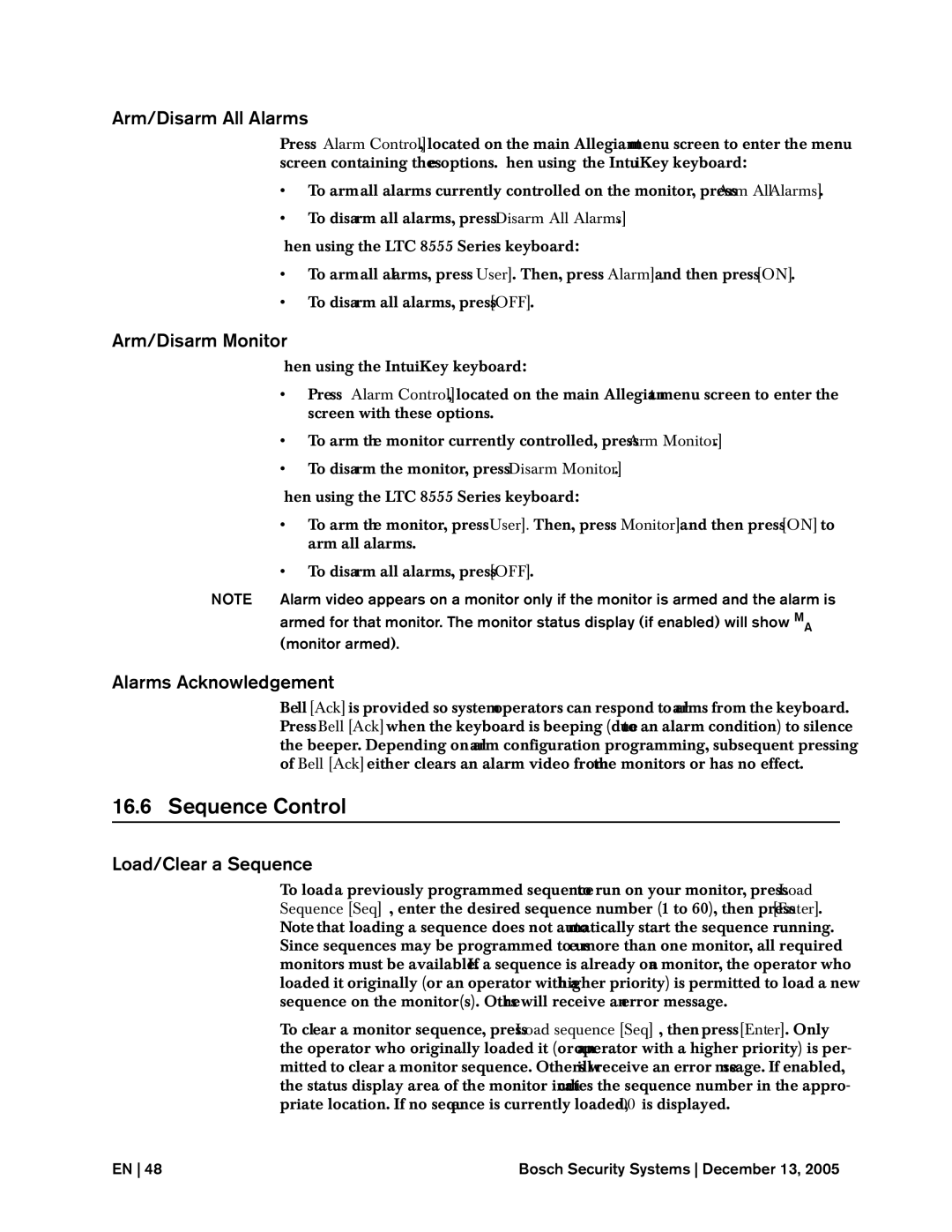 Bosch Appliances LTC, 8500 Sequence Control, Arm/Disarm All Alarms, Arm/Disarm Monitor, Alarms Acknowledgement 