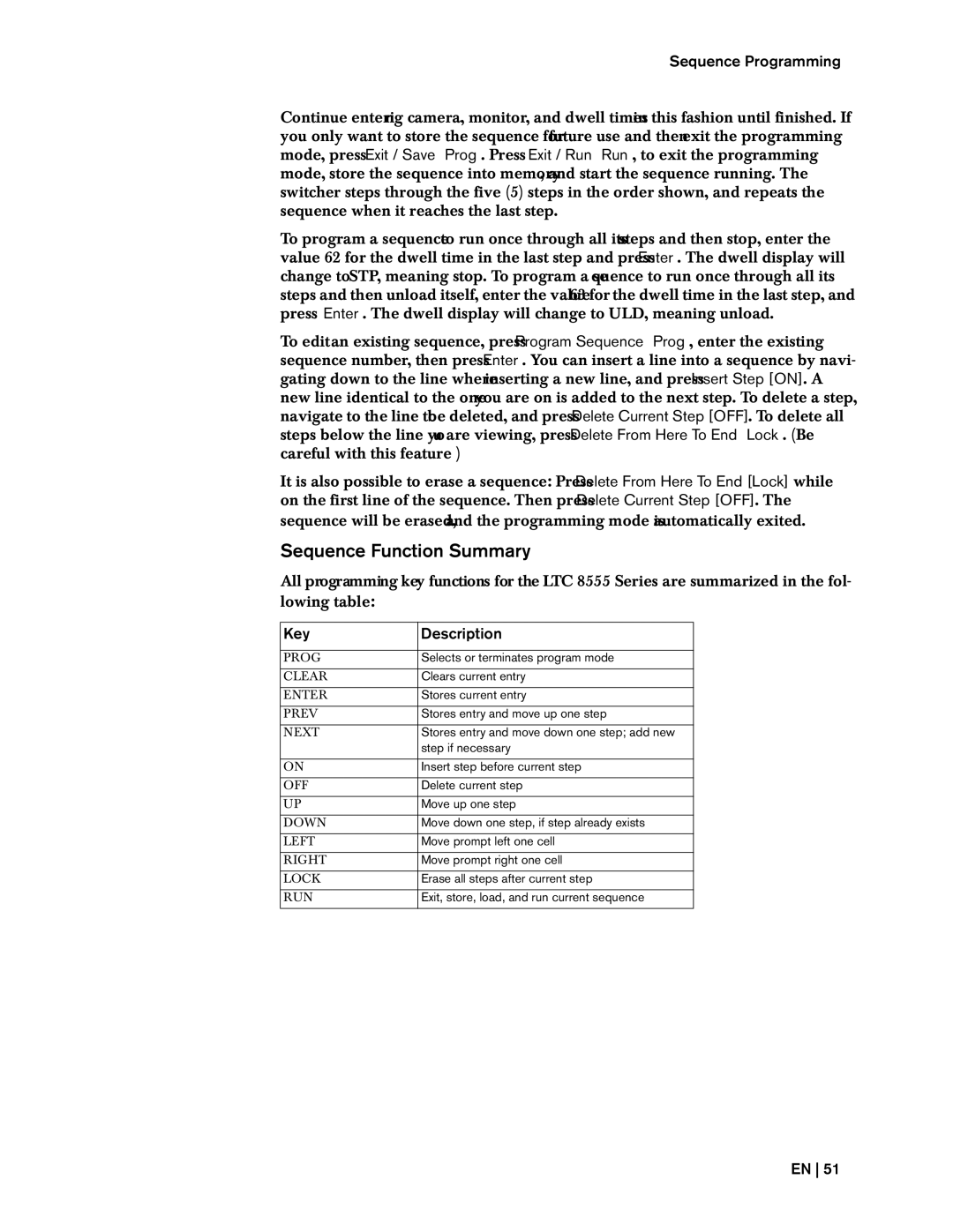 Bosch Appliances 8500, LTC instruction manual Sequence Function Summary, Sequence Programming, Key Description 