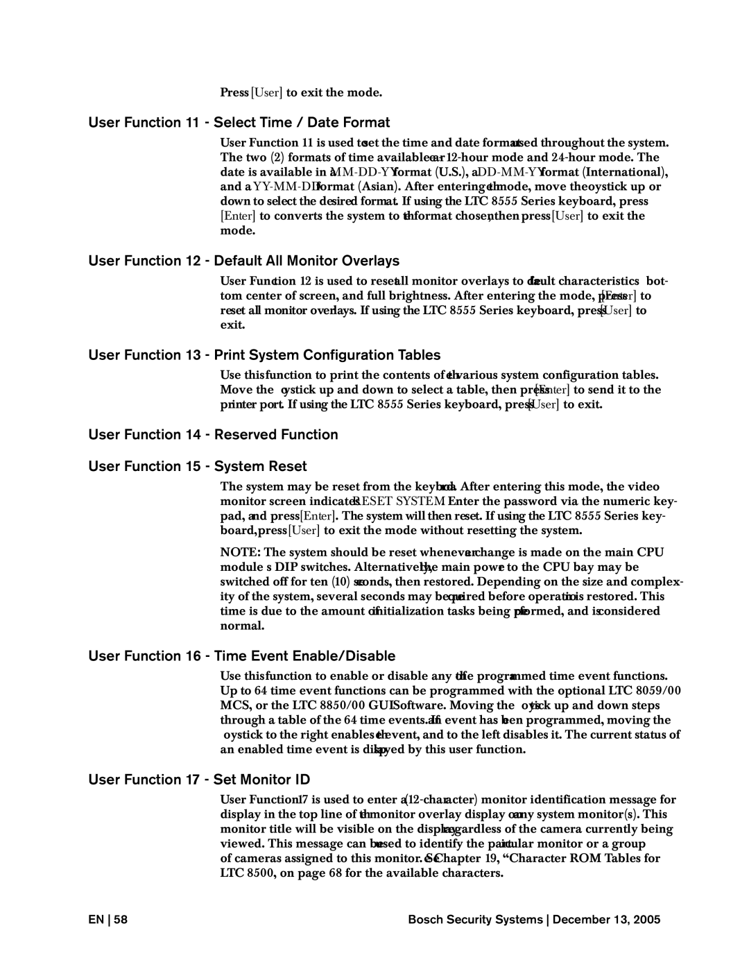 Bosch Appliances LTC, 8500 User Function 11 Select Time / Date Format, User Function 12 Default All Monitor Overlays 