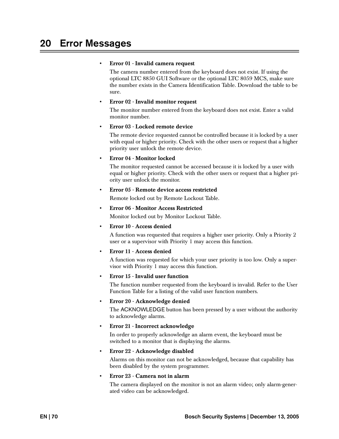 Bosch Appliances LTC, 8500 instruction manual Error Messages 