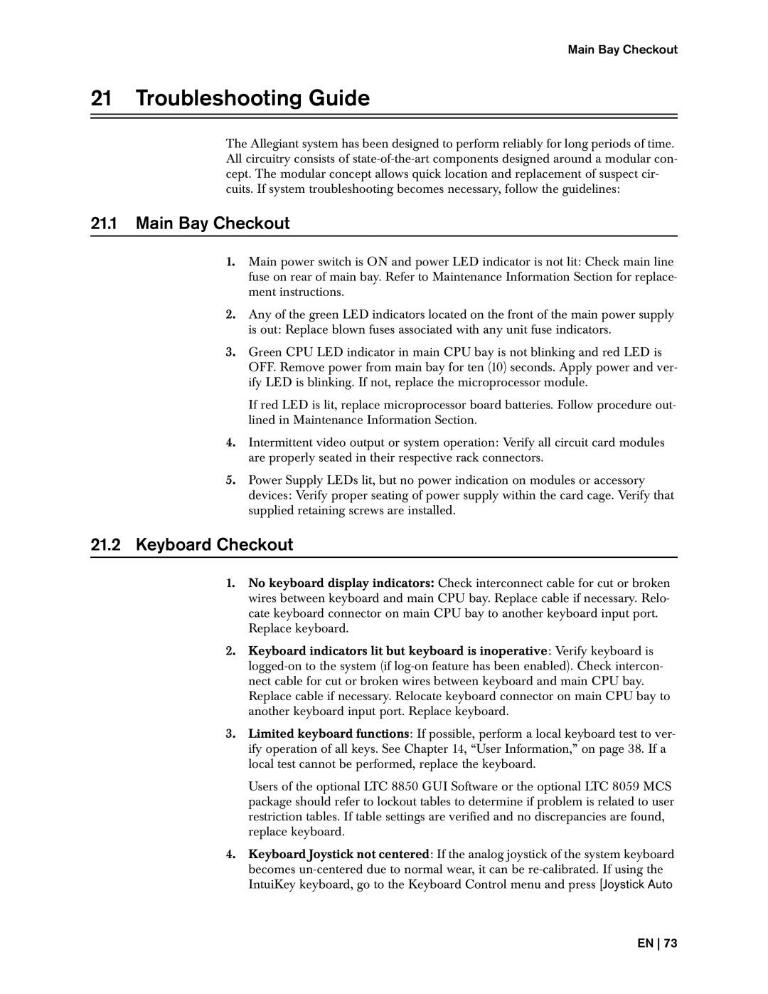 Bosch Appliances 8500, LTC instruction manual Troubleshooting Guide, Main Bay Checkout, Keyboard Checkout 