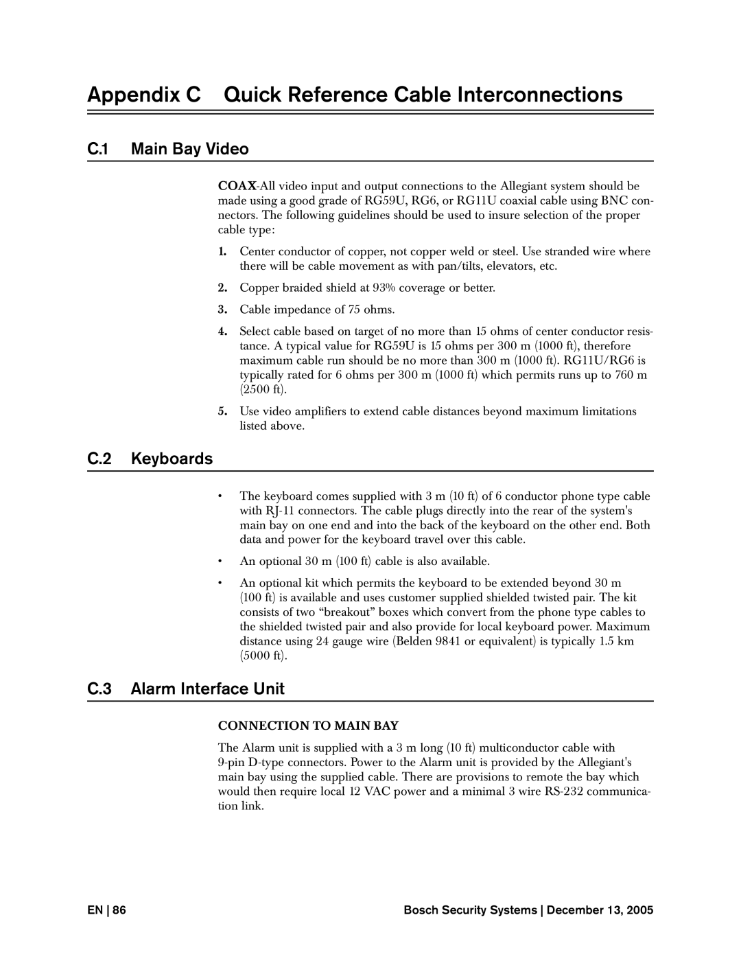 Bosch Appliances LTC Appendix C Quick Reference Cable Interconnections, Main Bay Video, Keyboards, Alarm Interface Unit 