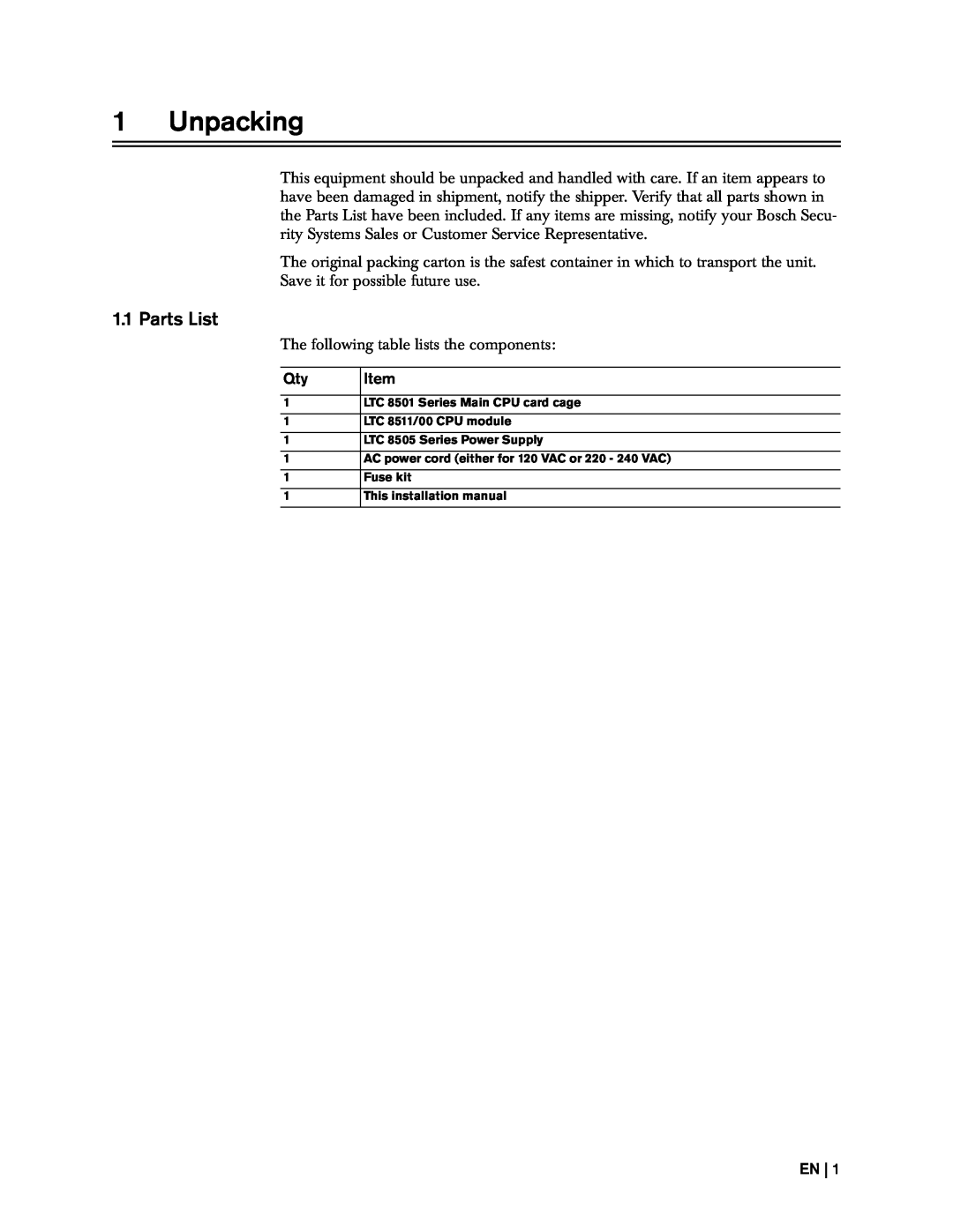 Bosch Appliances 8500, LTC instruction manual 1Unpacking, Parts List 