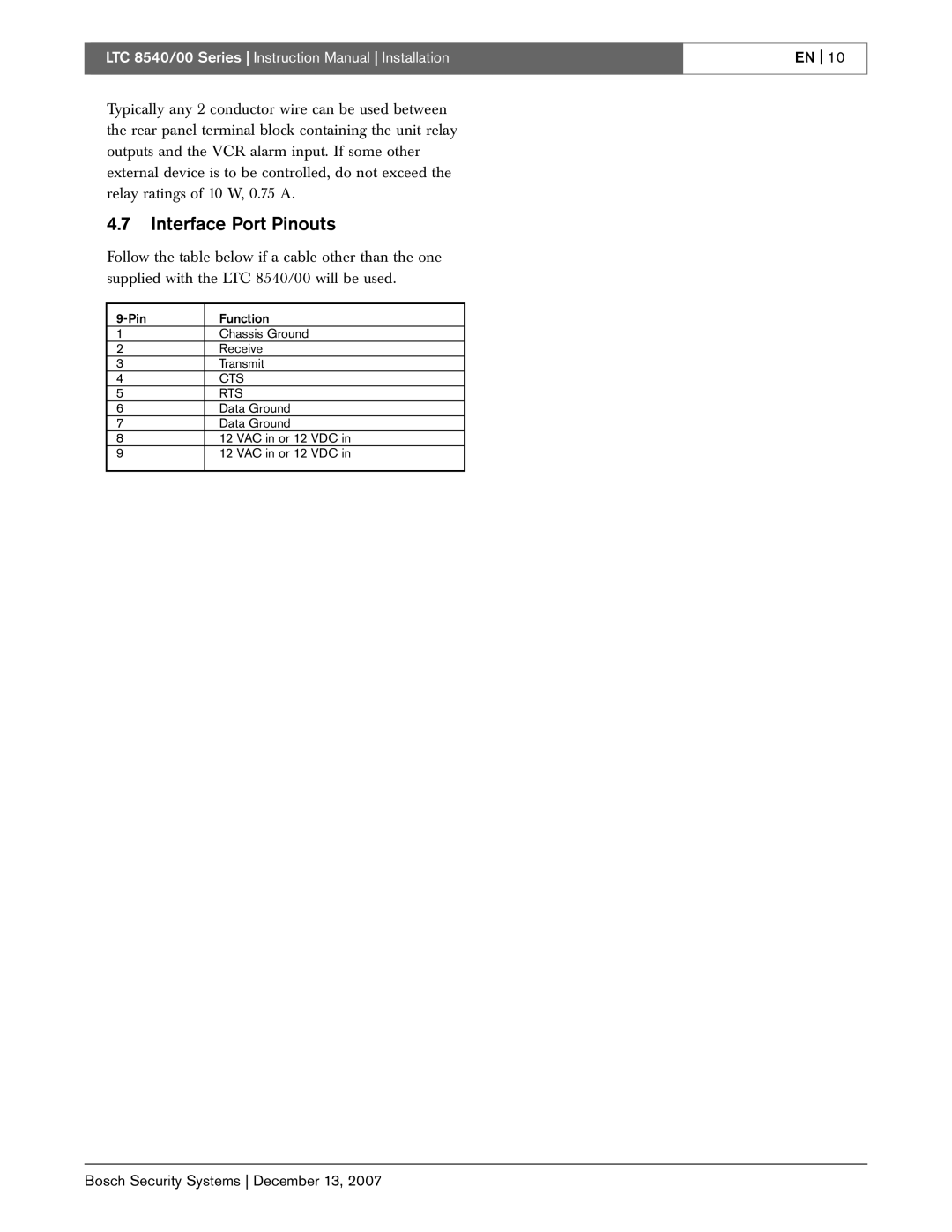 Bosch Appliances LTC 8540/00 instruction manual Interface Port Pinouts 