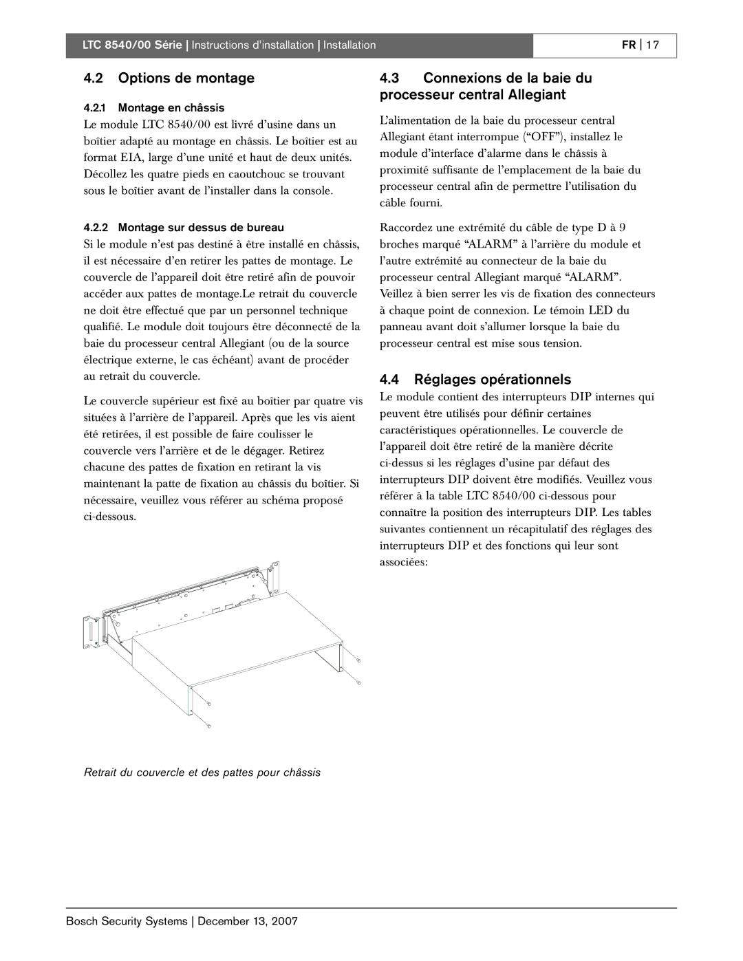 Bosch Appliances LTC 8540/00 instruction manual Options de montage, Connexions de la baie du processeur central Allegiant 