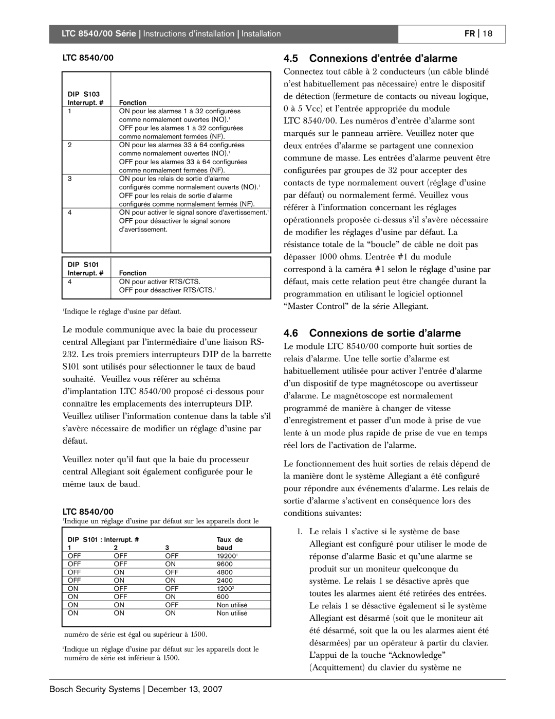 Bosch Appliances LTC 8540/00 instruction manual Connexions d’entrée d’alarme, Connexions de sortie d’alarme 