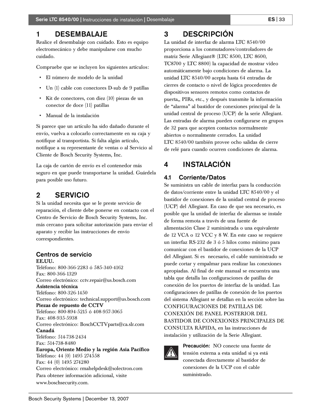 Bosch Appliances LTC 8540/00 instruction manual Desembalaje, Servicio, Descripción, Instalación 