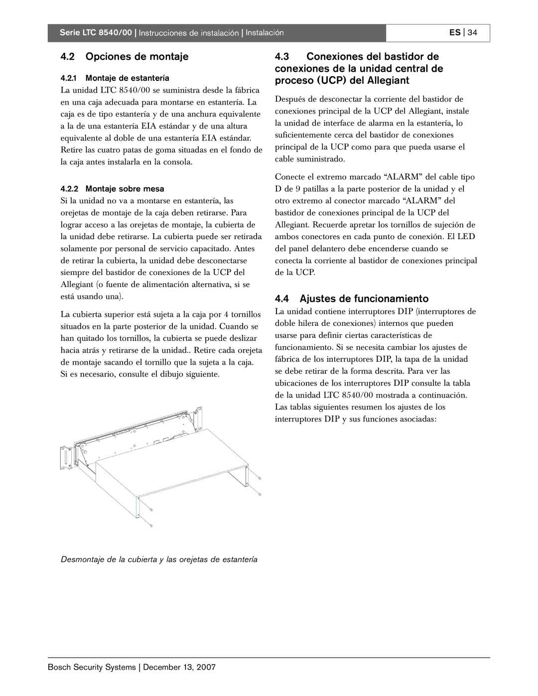 Bosch Appliances LTC 8540/00 Opciones de montaje, Ajustes de funcionamiento, Montaje de estantería, Montaje sobre mesa 