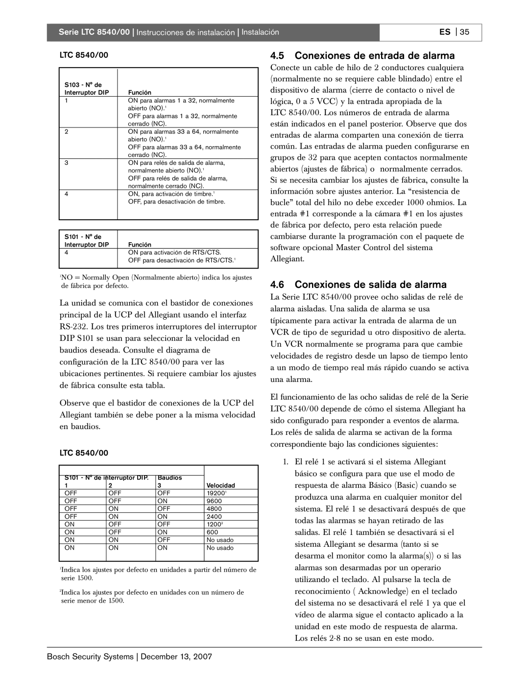 Bosch Appliances LTC 8540/00 instruction manual Conexiones de entrada de alarma, Conexiones de salida de alarma 