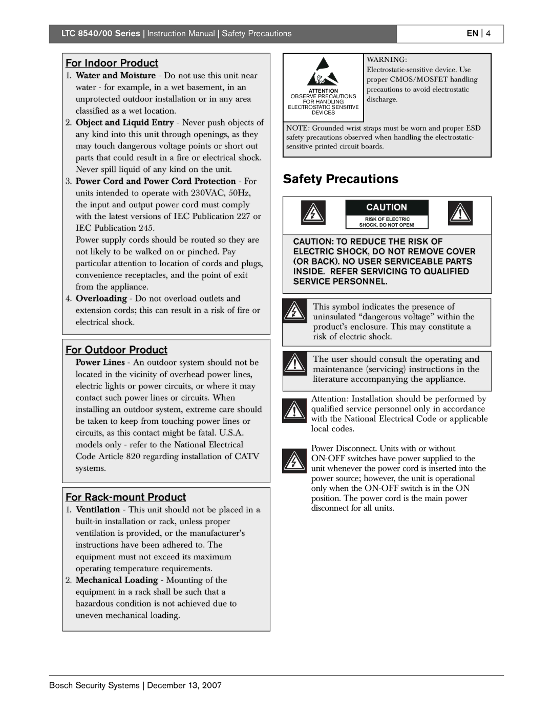 Bosch Appliances LTC 8540/00 instruction manual For Indoor Product, For Outdoor Product, For Rack-mount Product 