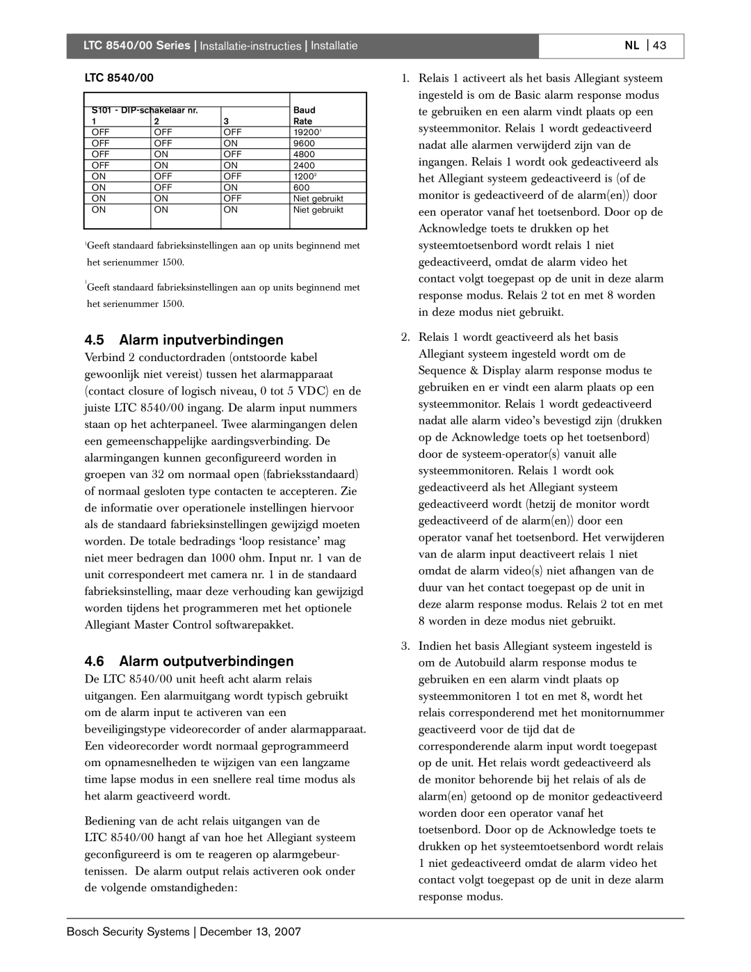 Bosch Appliances LTC 8540/00 instruction manual Alarm inputverbindingen, Alarm outputverbindingen 