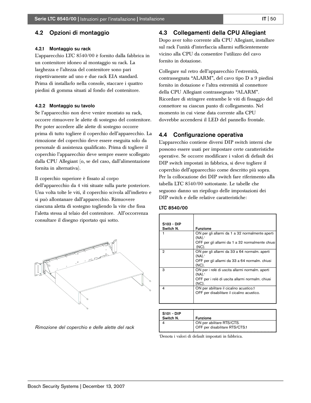 Bosch Appliances LTC 8540/00 Opzioni di montaggio, Collegamenti della CPU Allegiant, Configurazione operativa 