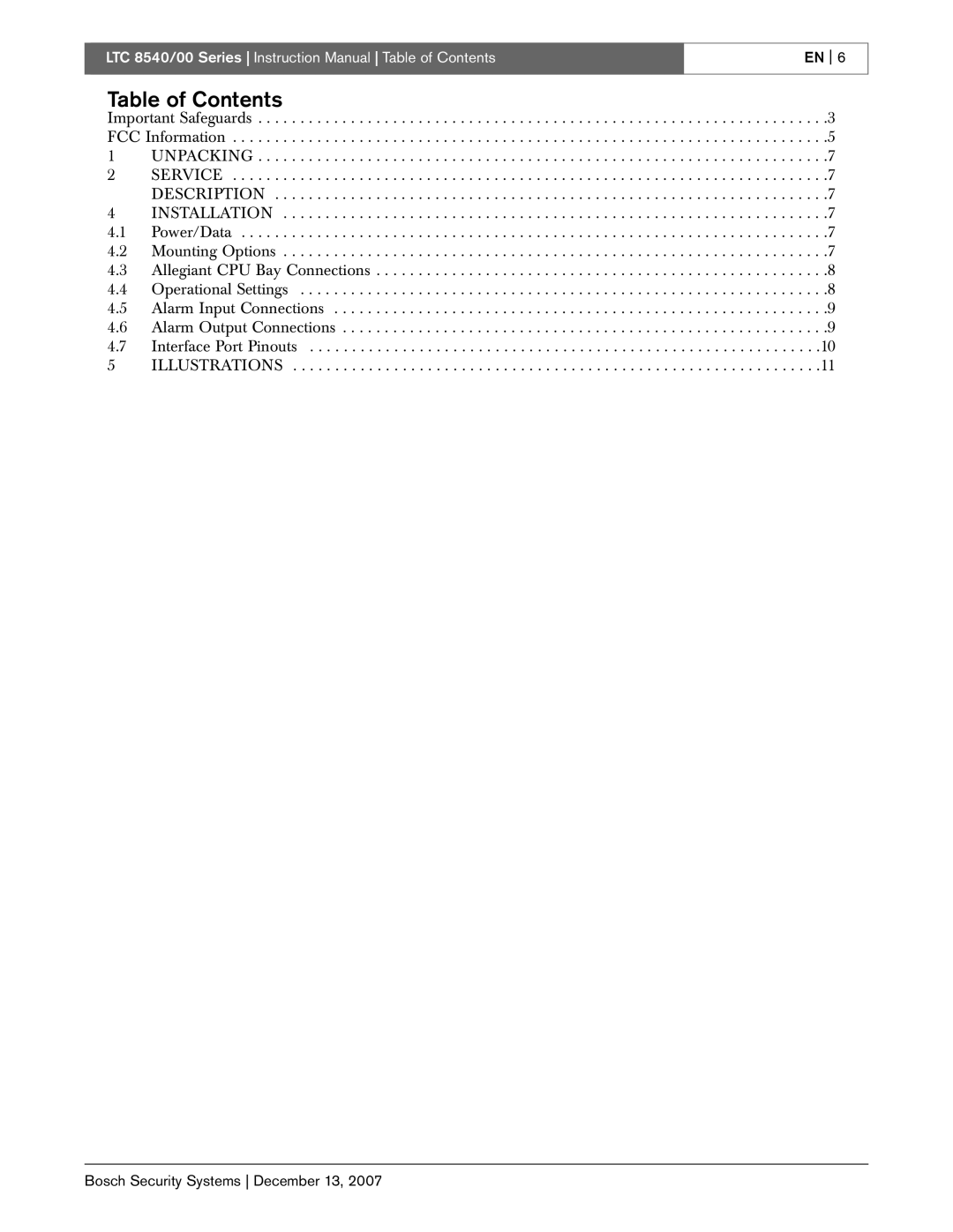 Bosch Appliances LTC 8540/00 instruction manual Table of Contents 