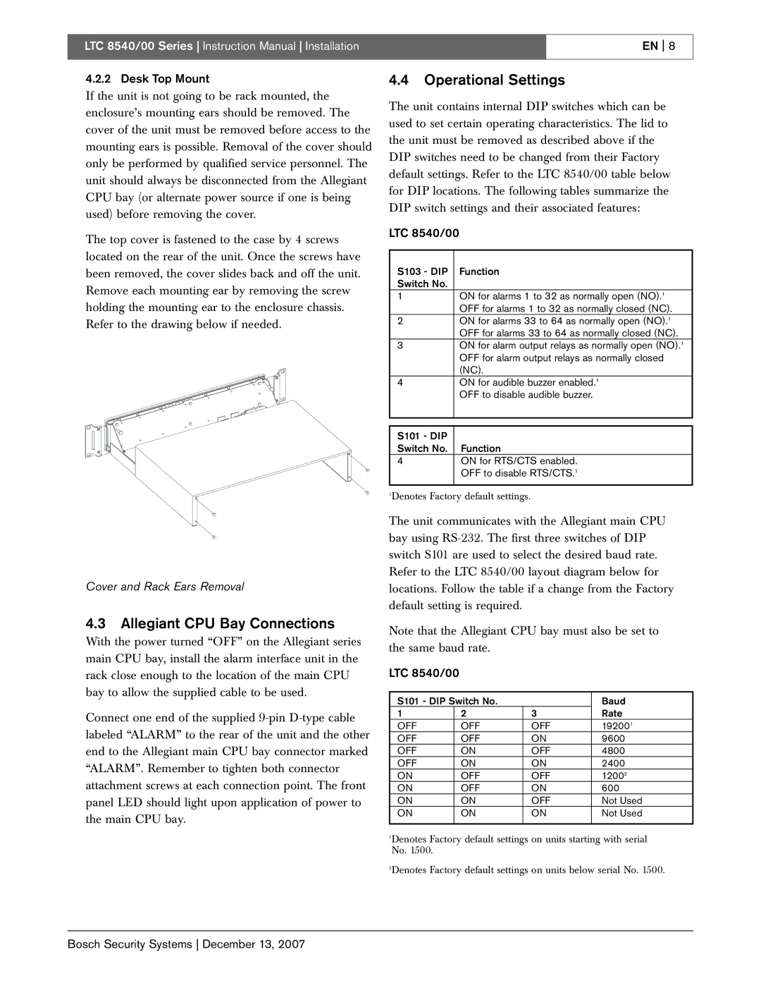 Bosch Appliances LTC 8540/00 instruction manual Allegiant CPU Bay Connections, Operational Settings, Desk Top Mount 