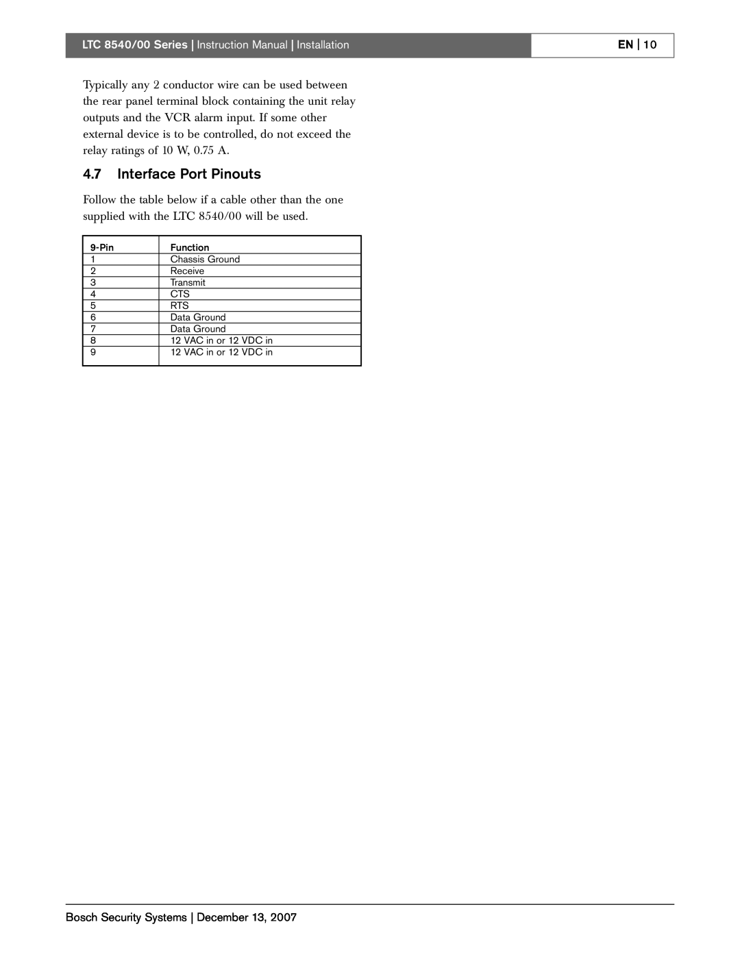 Bosch Appliances LTC 8540/00 instruction manual 4.7Interface Port Pinouts, En 