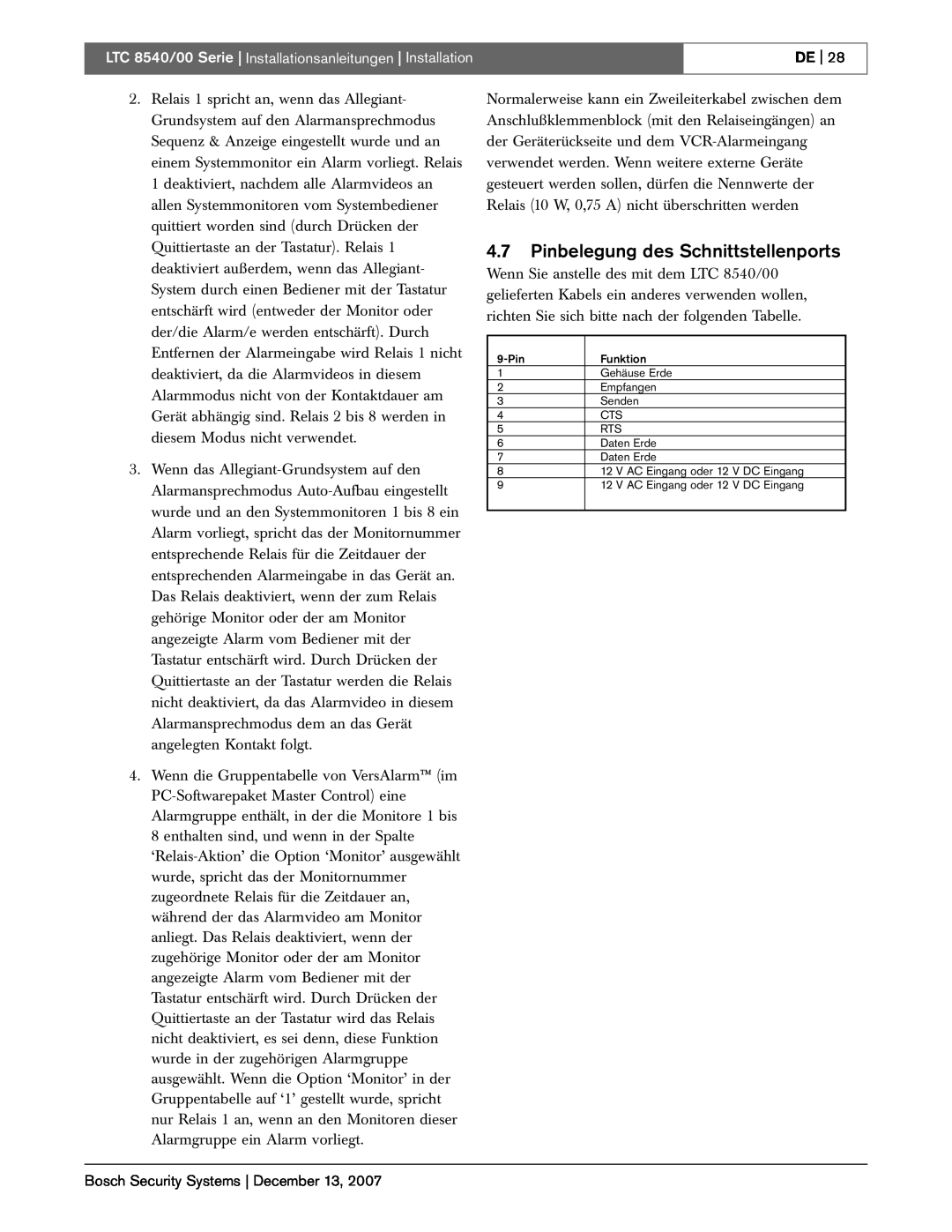 Bosch Appliances LTC 8540/00 instruction manual 4.7Pinbelegung des Schnittstellenports, De 