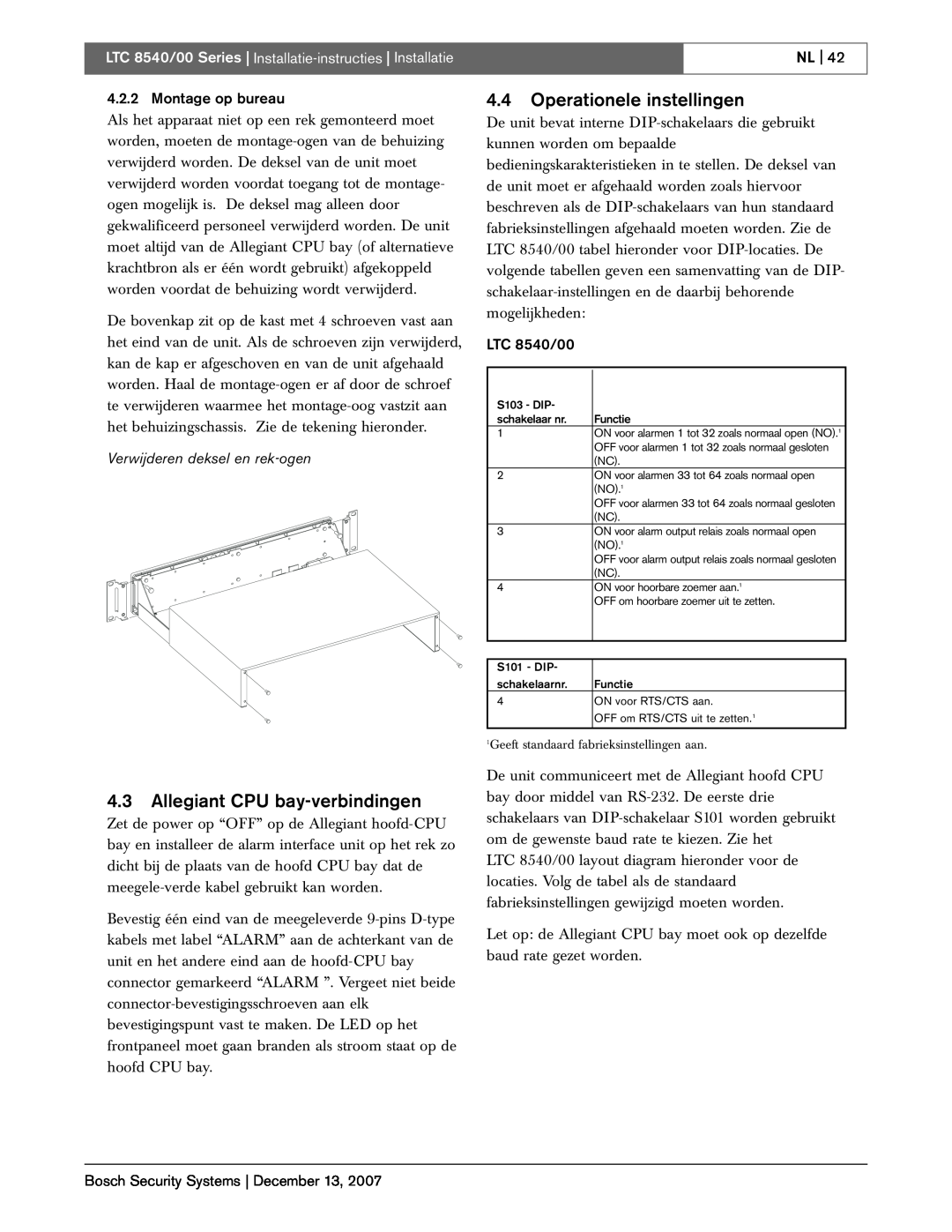Bosch Appliances LTC 8540/00 instruction manual 4.4Operationele instellingen, 4.3Allegiant CPU bay-verbindingen, Nl 