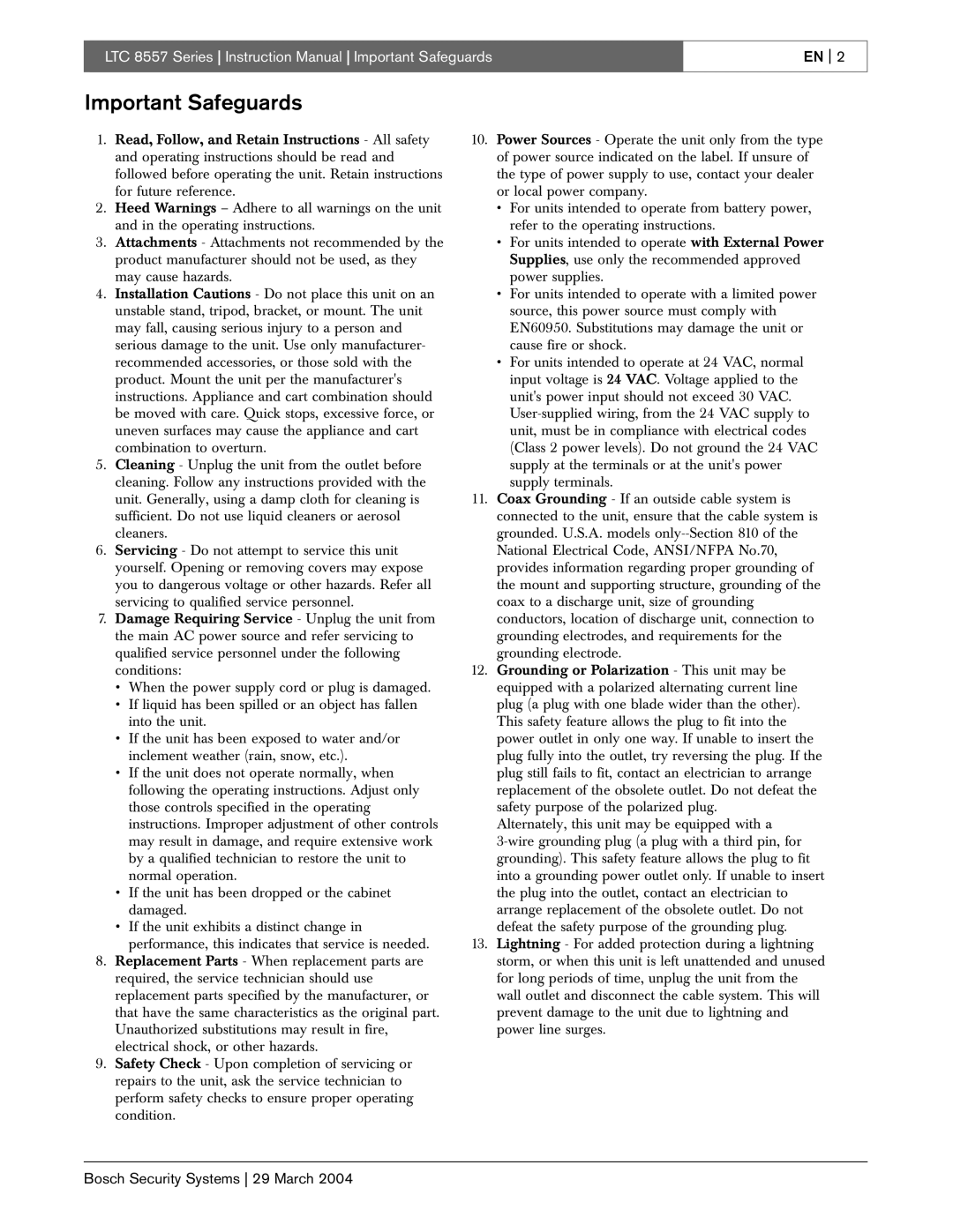 Bosch Appliances LTC 8557 Series instruction manual Important Safeguards 