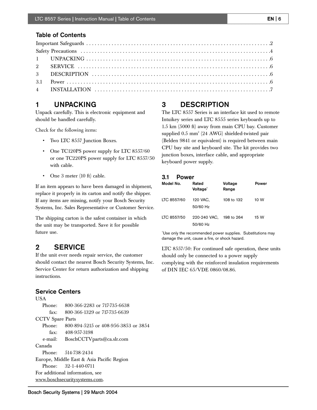 Bosch Appliances LTC 8557 Series instruction manual Unpacking, Description, Table of Contents, Power, Service Centers 