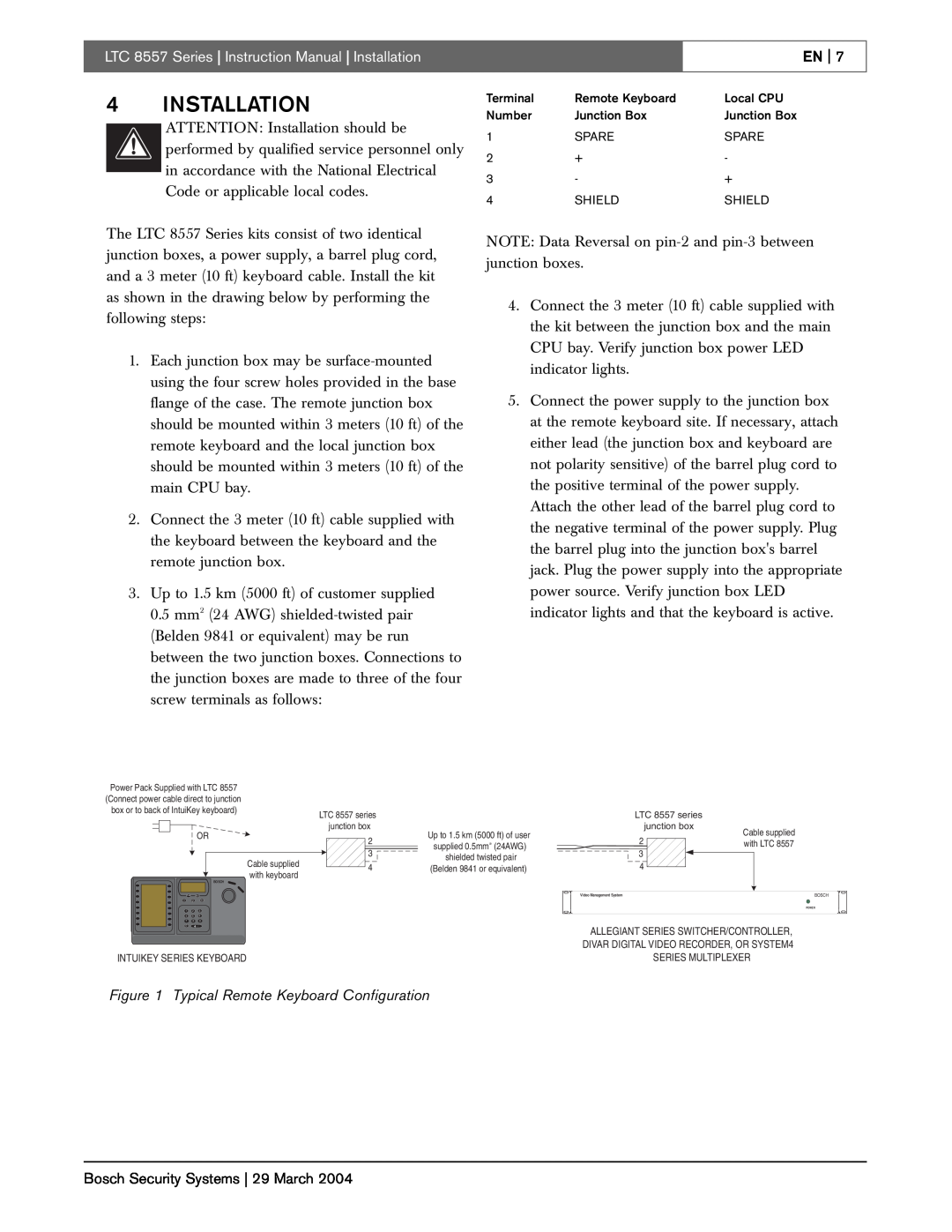 Bosch Appliances LTC 8557 Series Instruction Manual Installation, Typical Remote Keyboard Configuration 