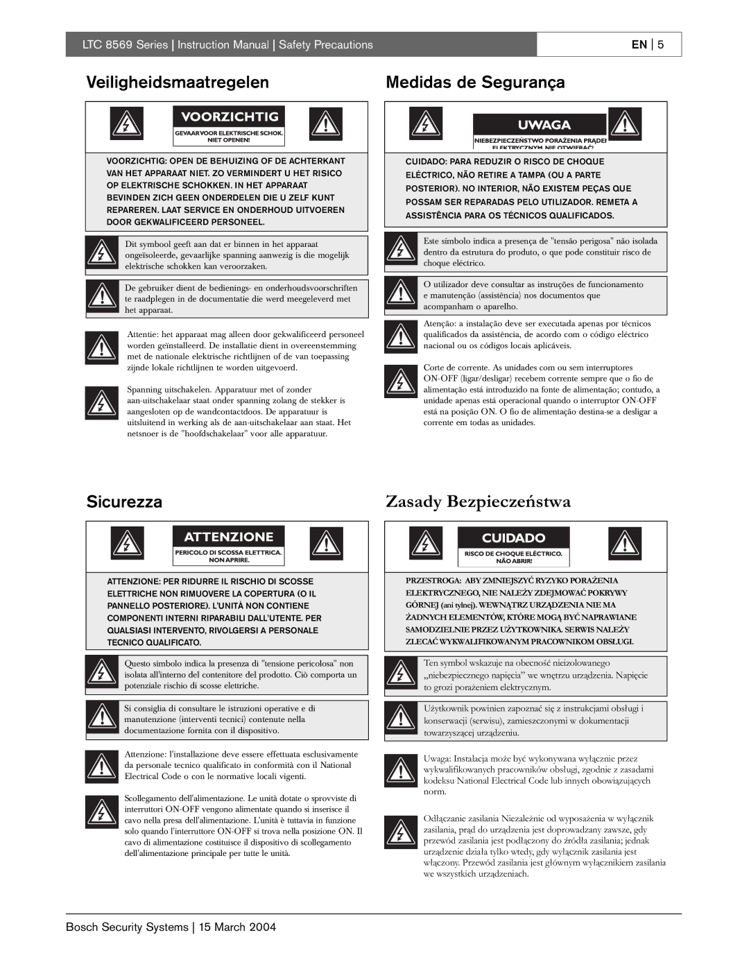 Bosch Appliances LTC 8572, LTC 8571, LTC 8570, LTC 8569 Veiligheidsmaatregelen Medidas de Segurança, Sicurezza 