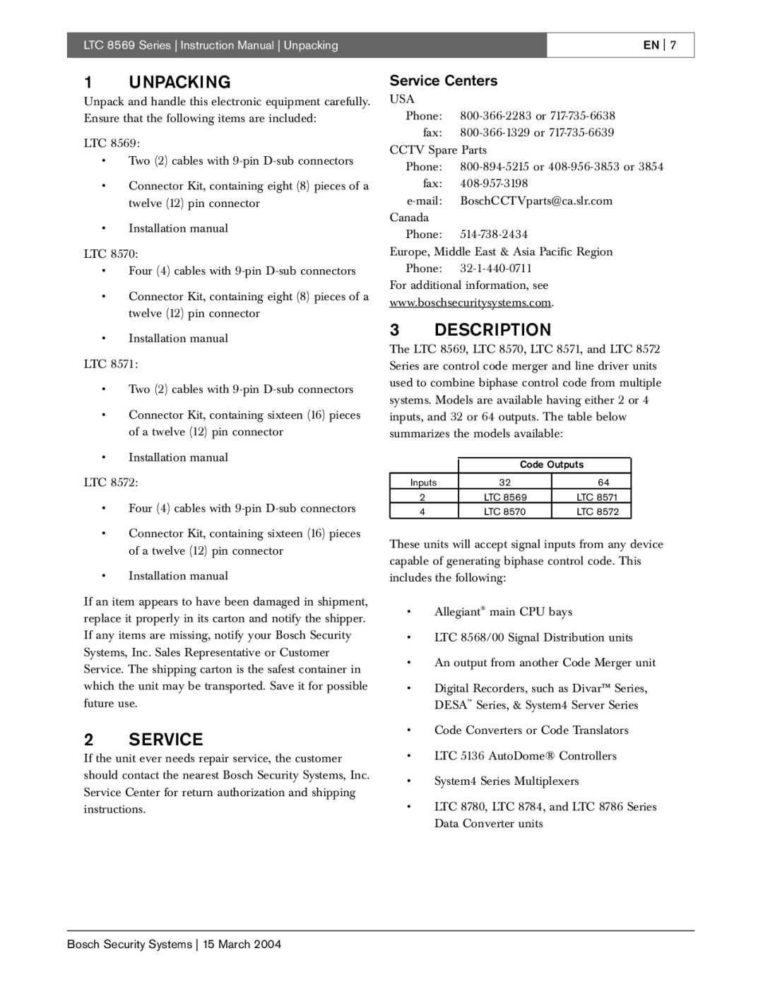 Bosch Appliances LTC 8569, LTC 8571, LTC 8572, LTC 8570 instruction manual Unpacking, Description, Service Centers 