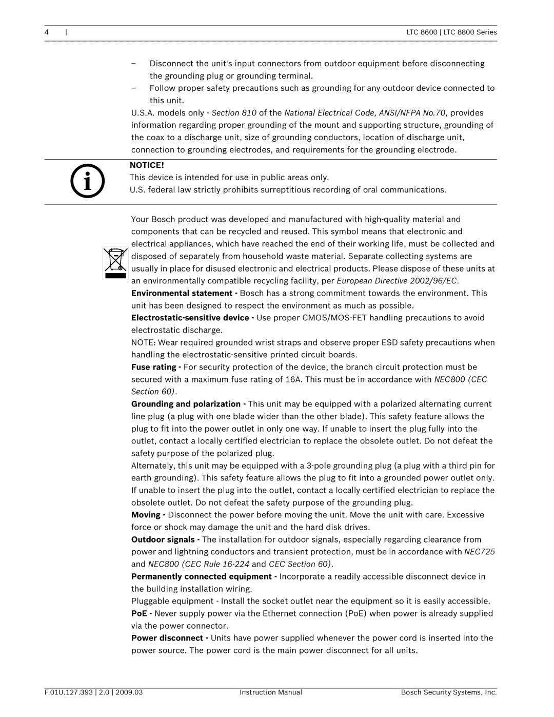 Bosch Appliances LTC 8600, LTC 8800 instruction manual 01U.127.393 2.0 Bosch Security Systems, Inc 