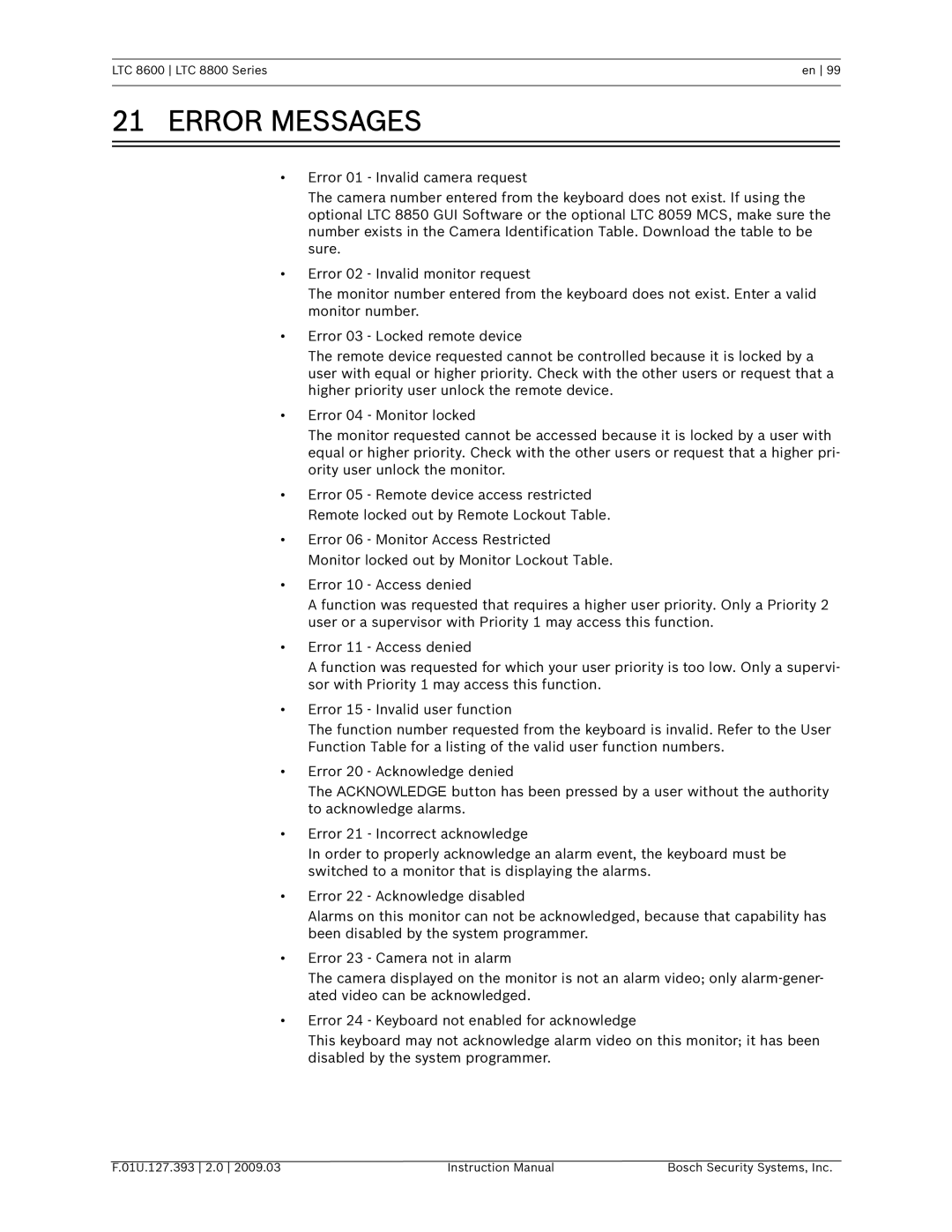 Bosch Appliances LTC 8800, LTC 8600 instruction manual Error Messages 