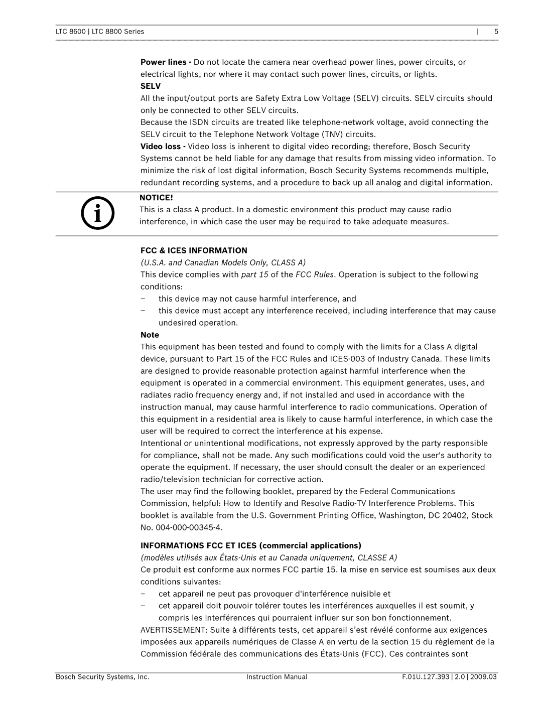 Bosch Appliances LTC 8800, LTC 8600 instruction manual Selv, Informations FCC ET Ices commercial applications 