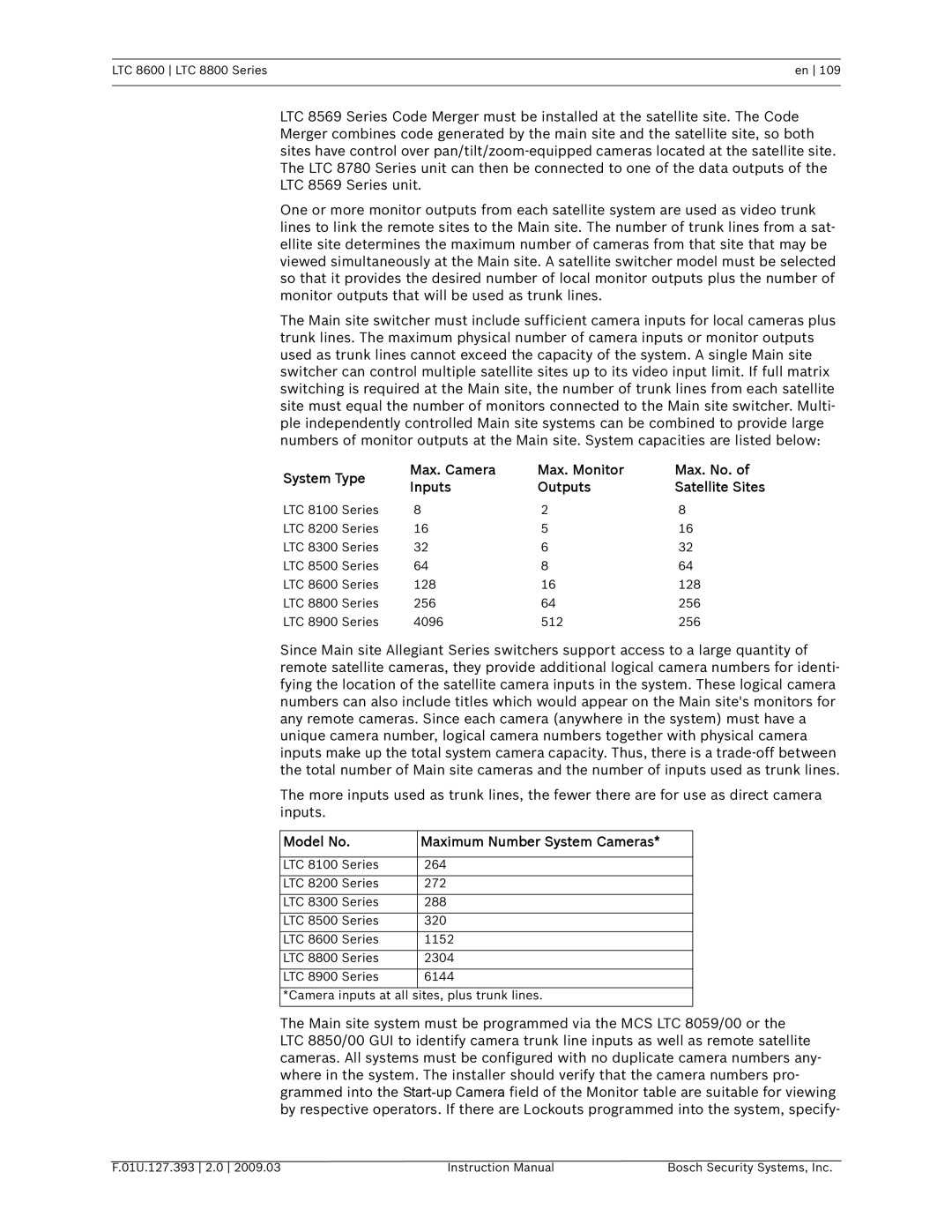 Bosch Appliances LTC 8800, LTC 8600 instruction manual Model No Maximum Number System Cameras 