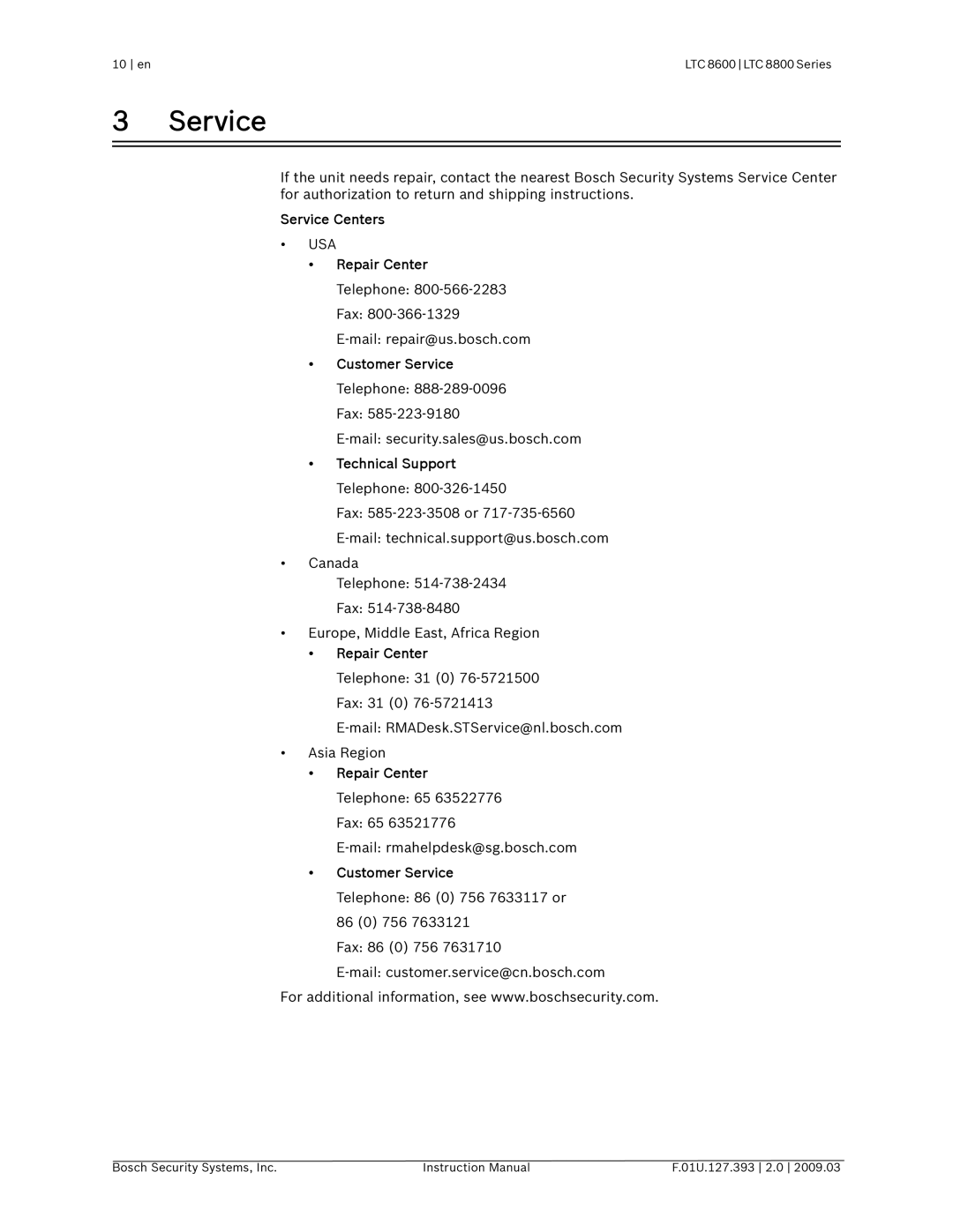 Bosch Appliances LTC 8600, LTC 8800 instruction manual Service Centers 