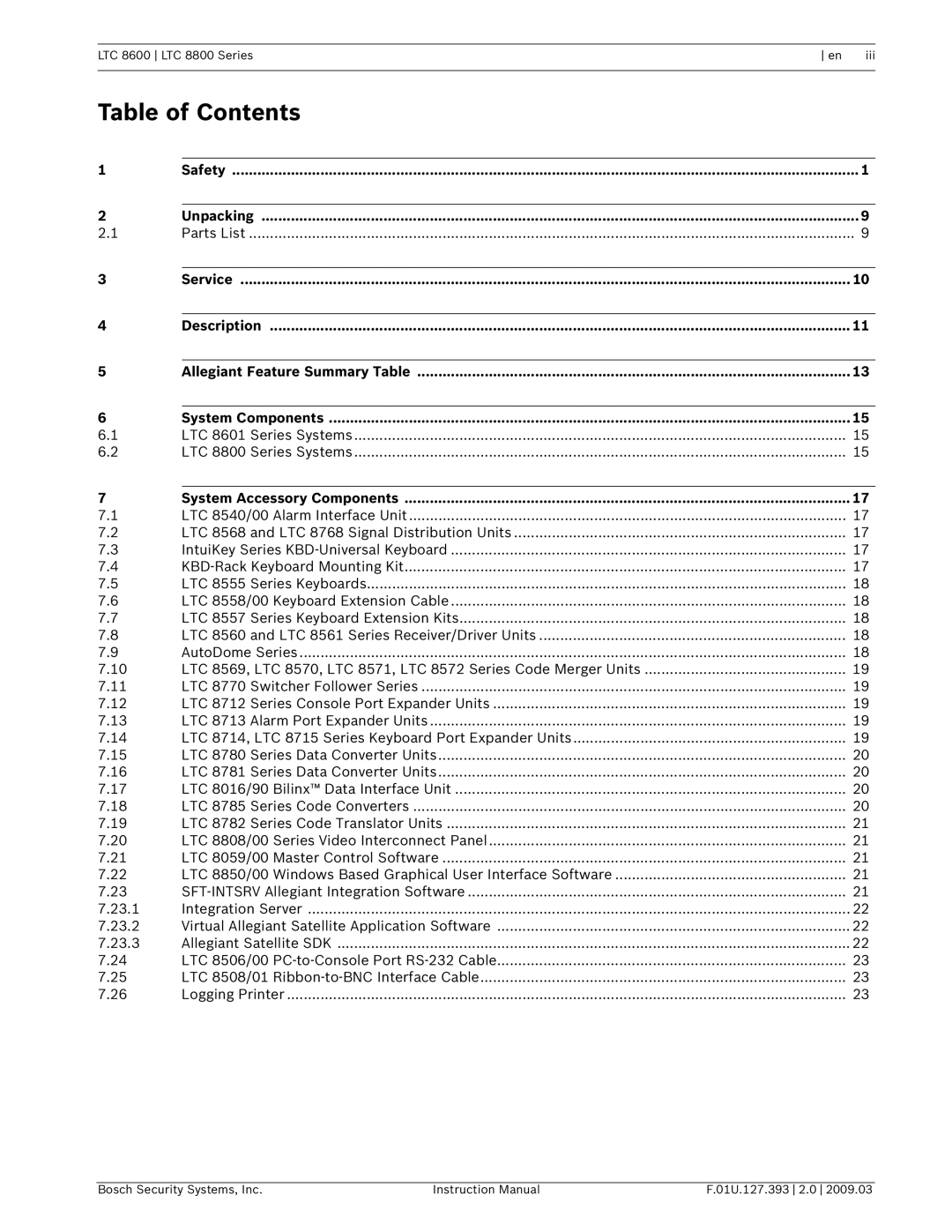 Bosch Appliances LTC 8800, LTC 8600 instruction manual Table of Contents 