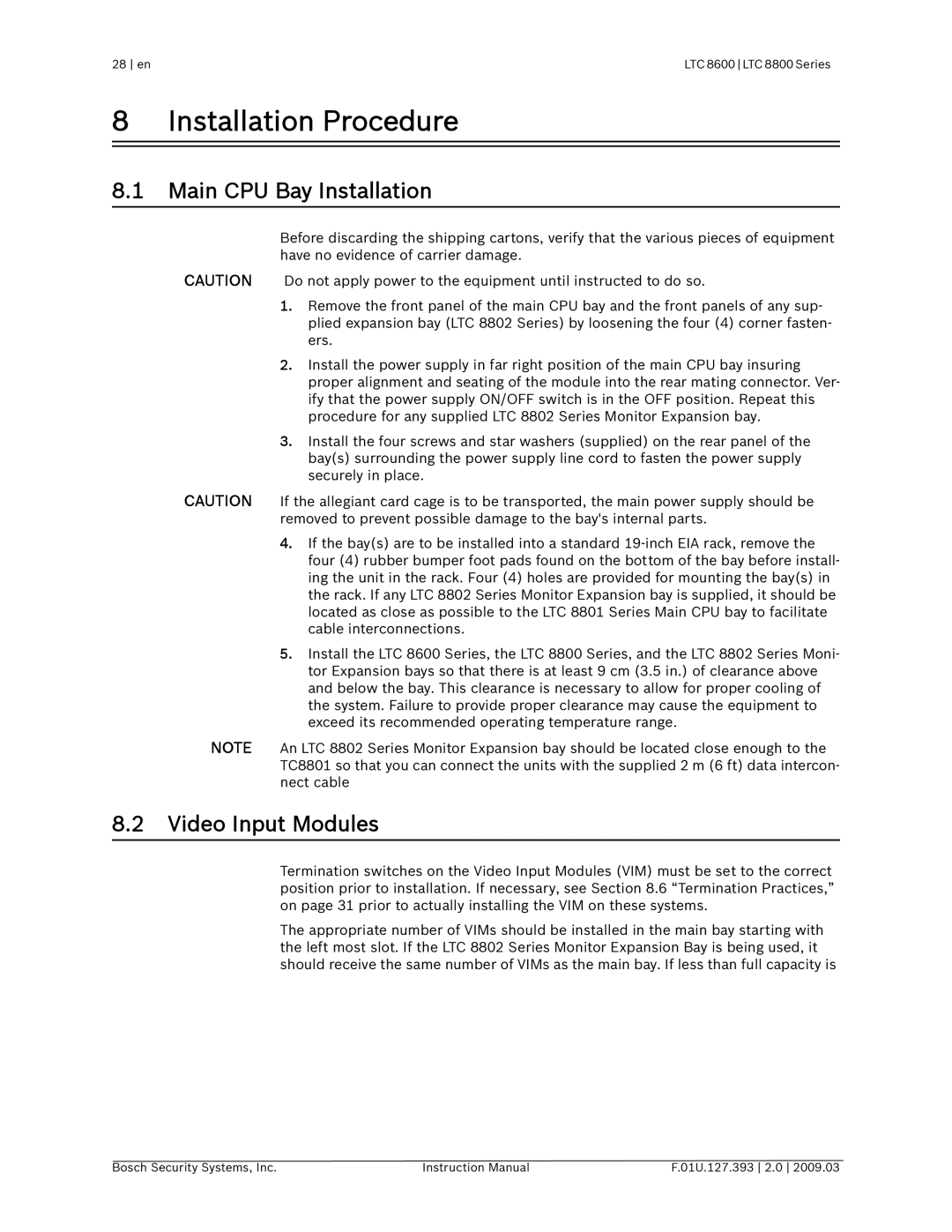 Bosch Appliances LTC 8600, LTC 8800 Installation Procedure, Main CPU Bay Installation, Video Input Modules 