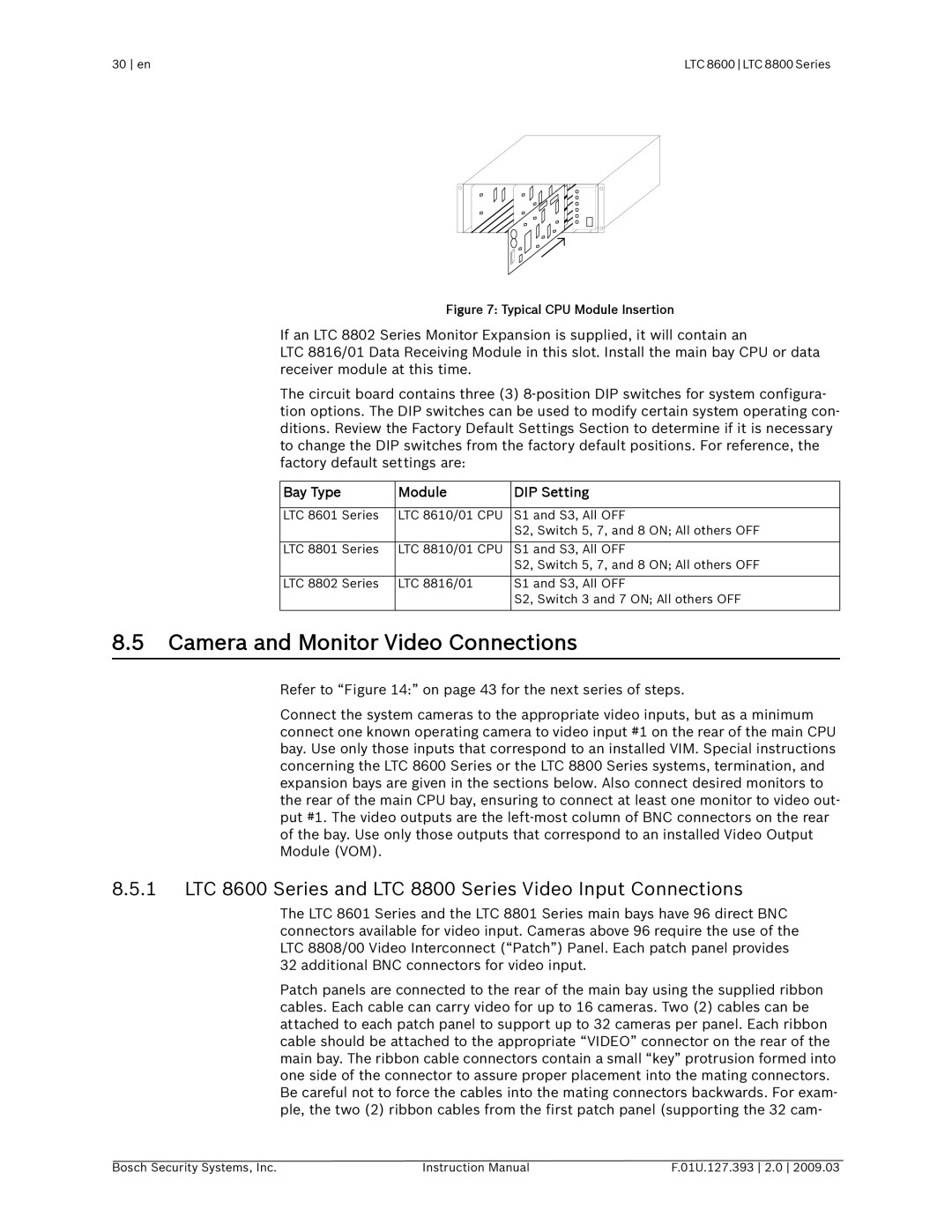 Bosch Appliances LTC 8600, LTC 8800 instruction manual Camera and Monitor Video Connections, Bay Type Module DIP Setting 